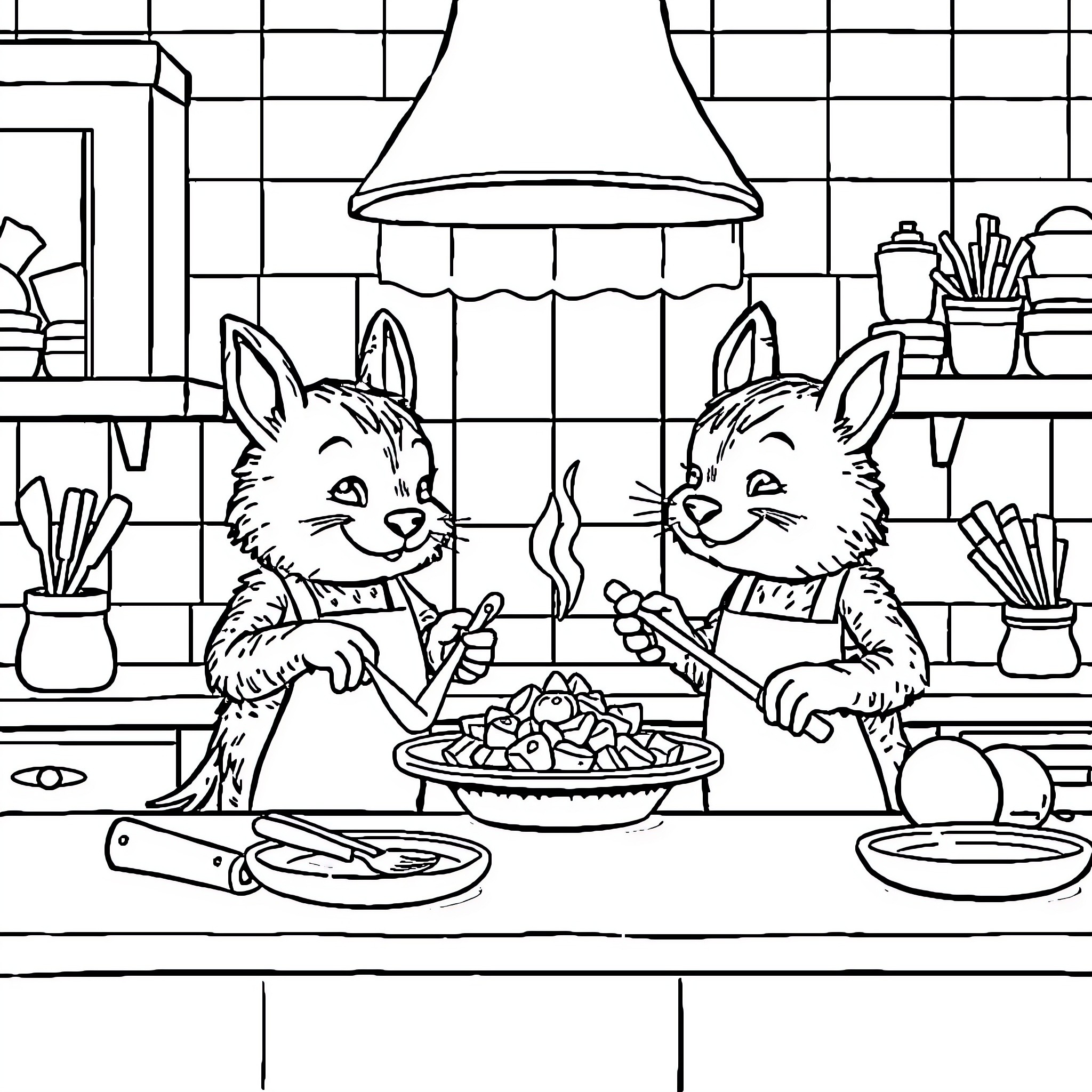 Bear friends cooking and enjoying a meal together Coloring Page (free black-and-white line drawing printable PDF for all, from beginners to advanced learners, including children, teens, adults, and seniors)
