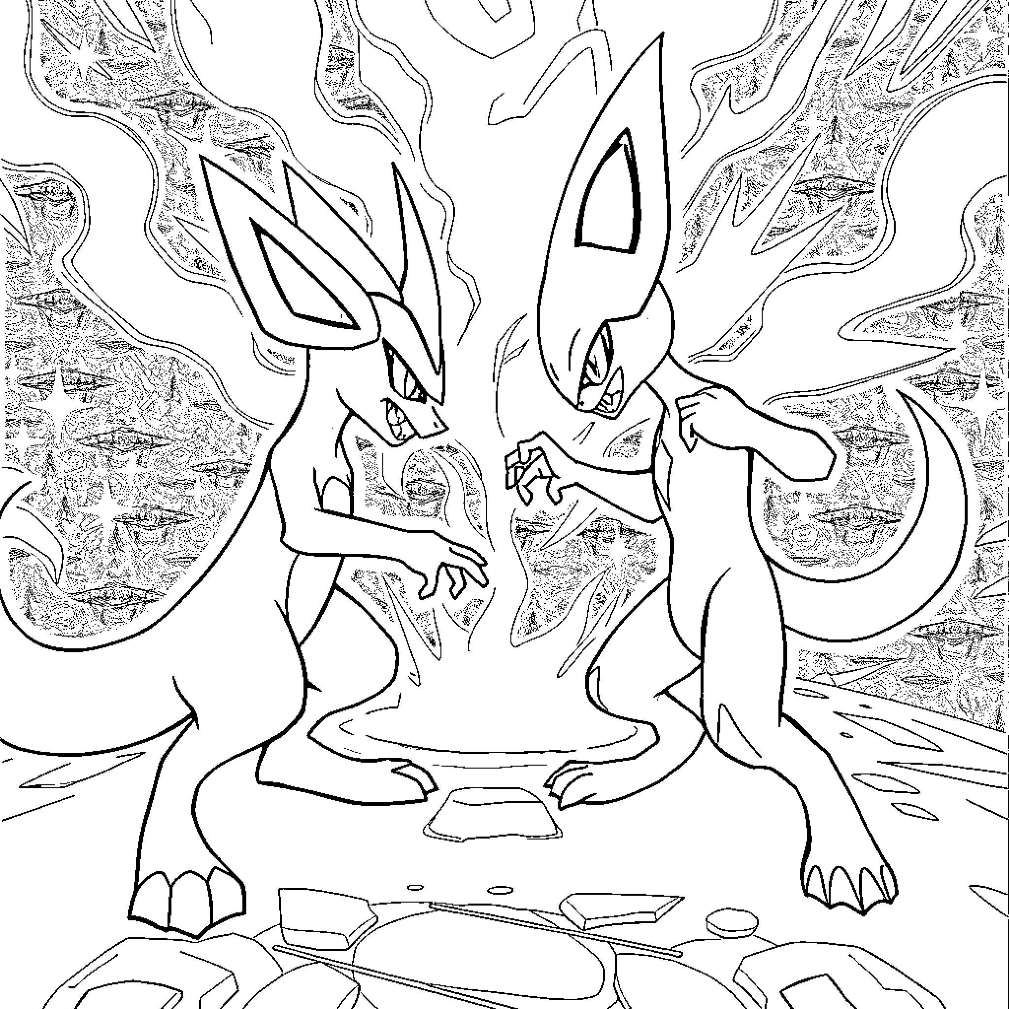 Lucario battle in the mystic forest Coloring Page (free black-and-white line drawing printable PDF for all, from beginners to advanced learners, including children, teens, adults, and seniors)