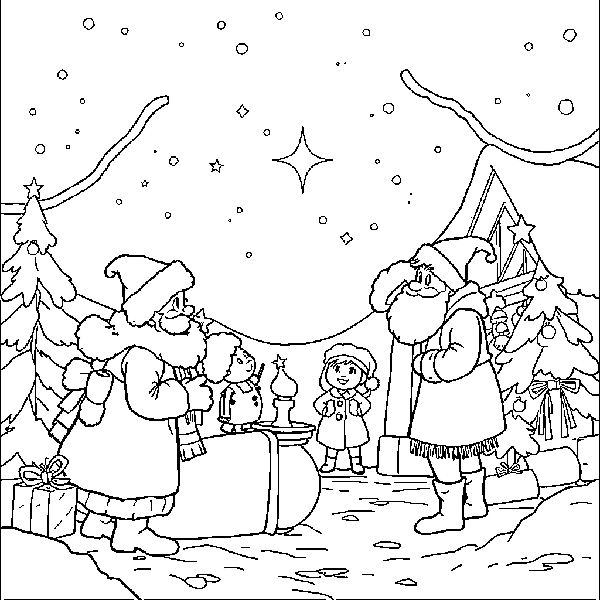 Ice Age Winter Wonderland with Santa and Friends Coloring Page (free black-and-white line drawing printable PDF for all, from beginners to advanced learners, including children, teens, adults, and seniors)