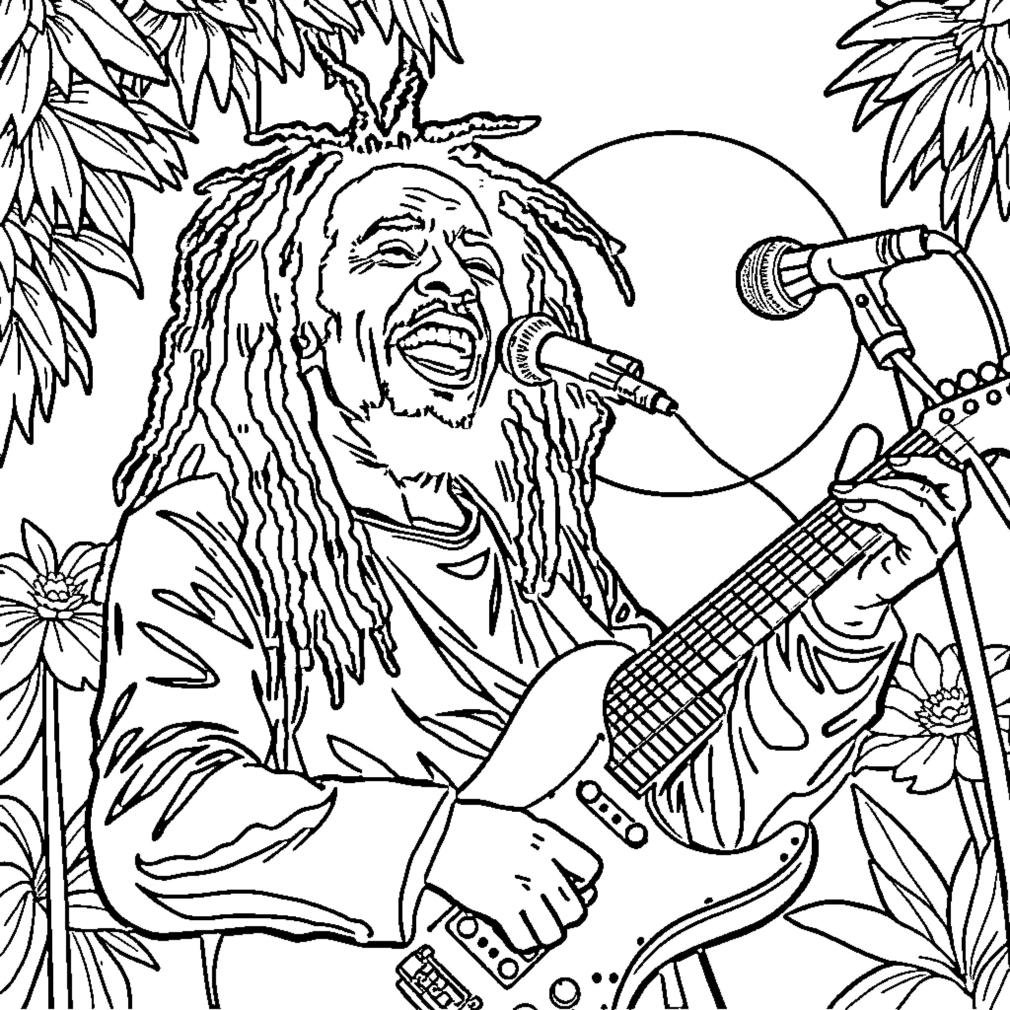 Bob Marley performing with guitar on stage surrounded by nature Coloring Page (free black-and-white line drawing printable PDF for all, from beginners to advanced learners, including children, teens, adults, and seniors)