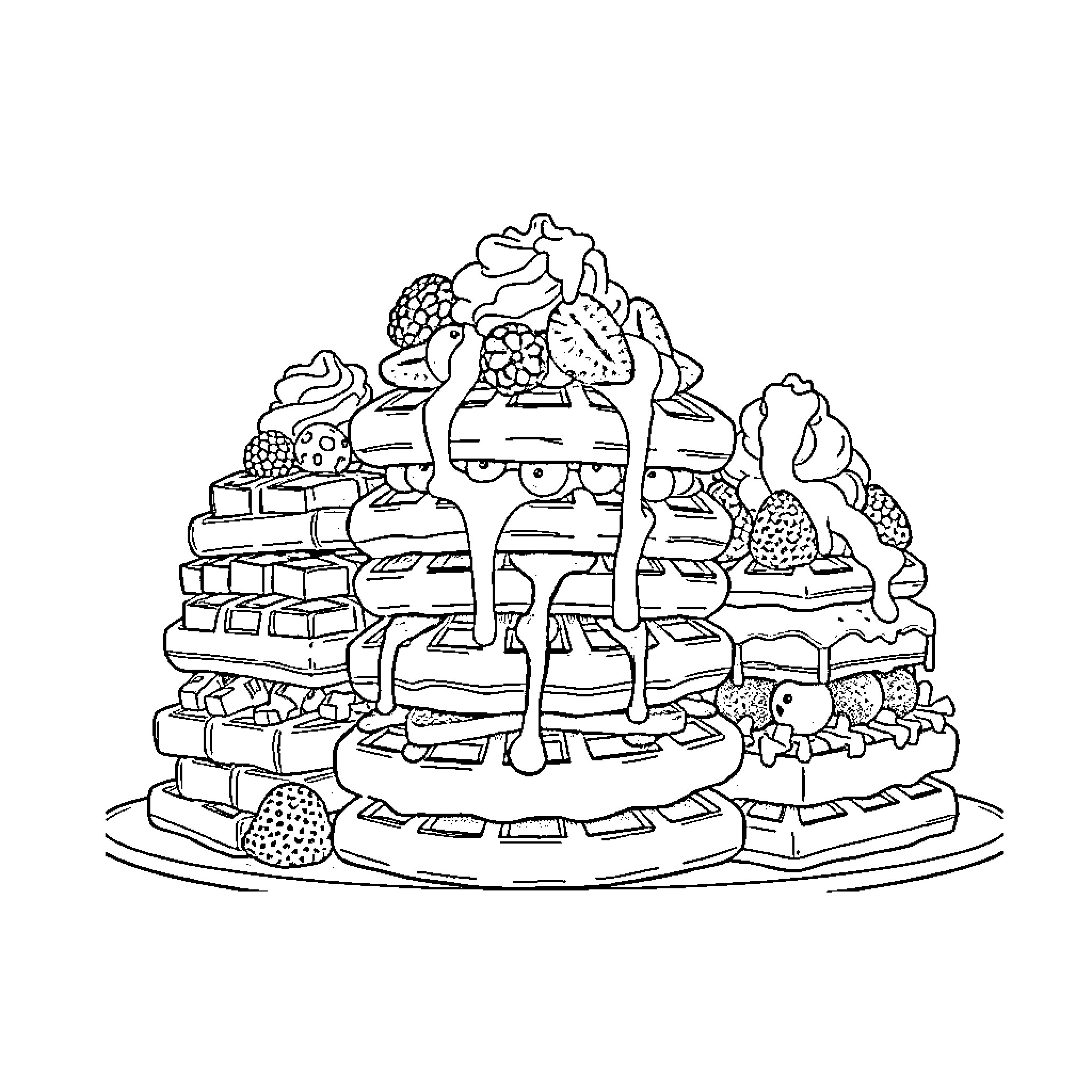 Waffle stack with assorted toppings Coloring Page (free black-and-white line drawing printable PDF for all, from beginners to advanced learners, including children, teens, adults, and seniors)
