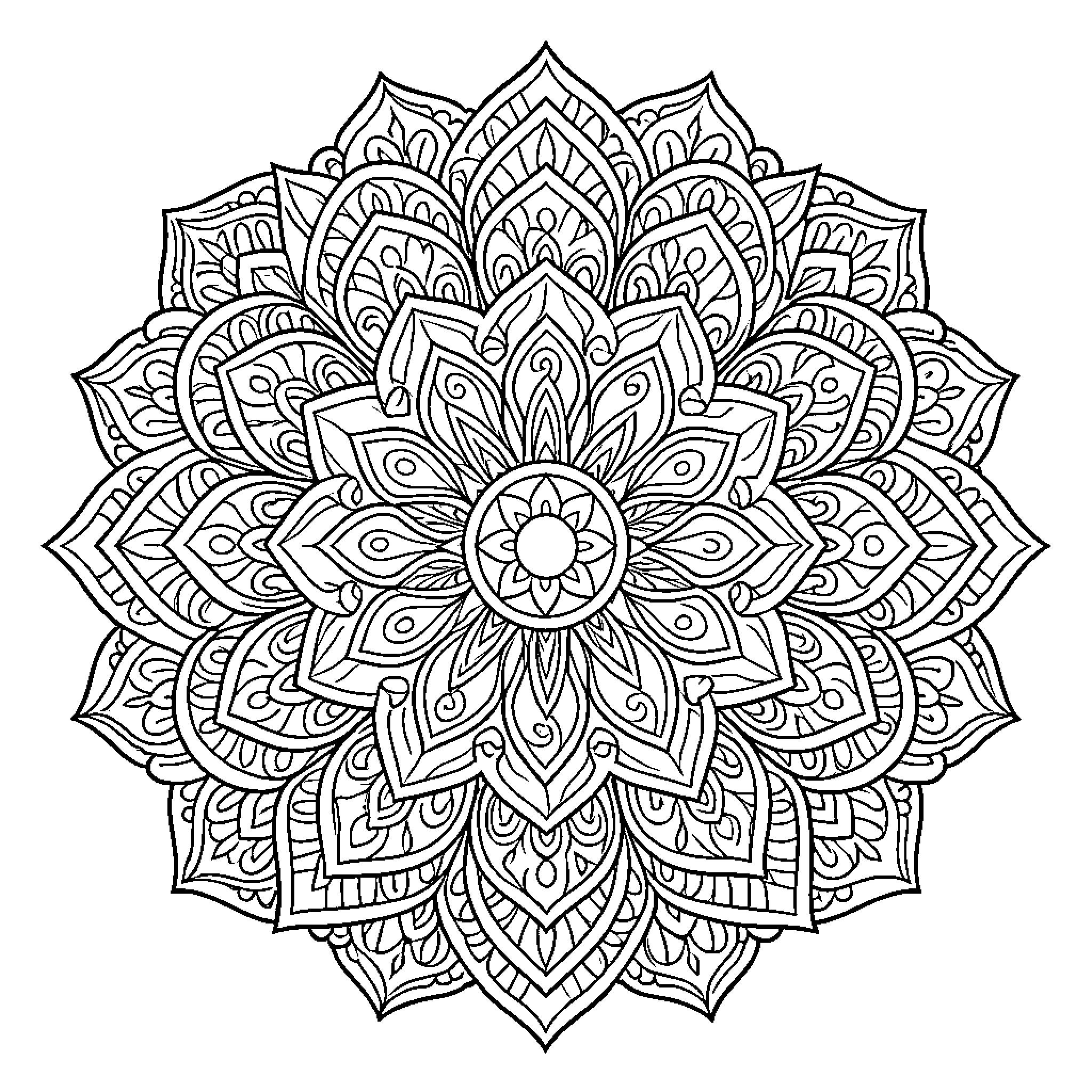 Mandala featuring intricate symmetrical floral petal patterns Coloring Page (free black-and-white line drawing printable PDF for all, from beginners to advanced learners, including children, teens, adults, and seniors)