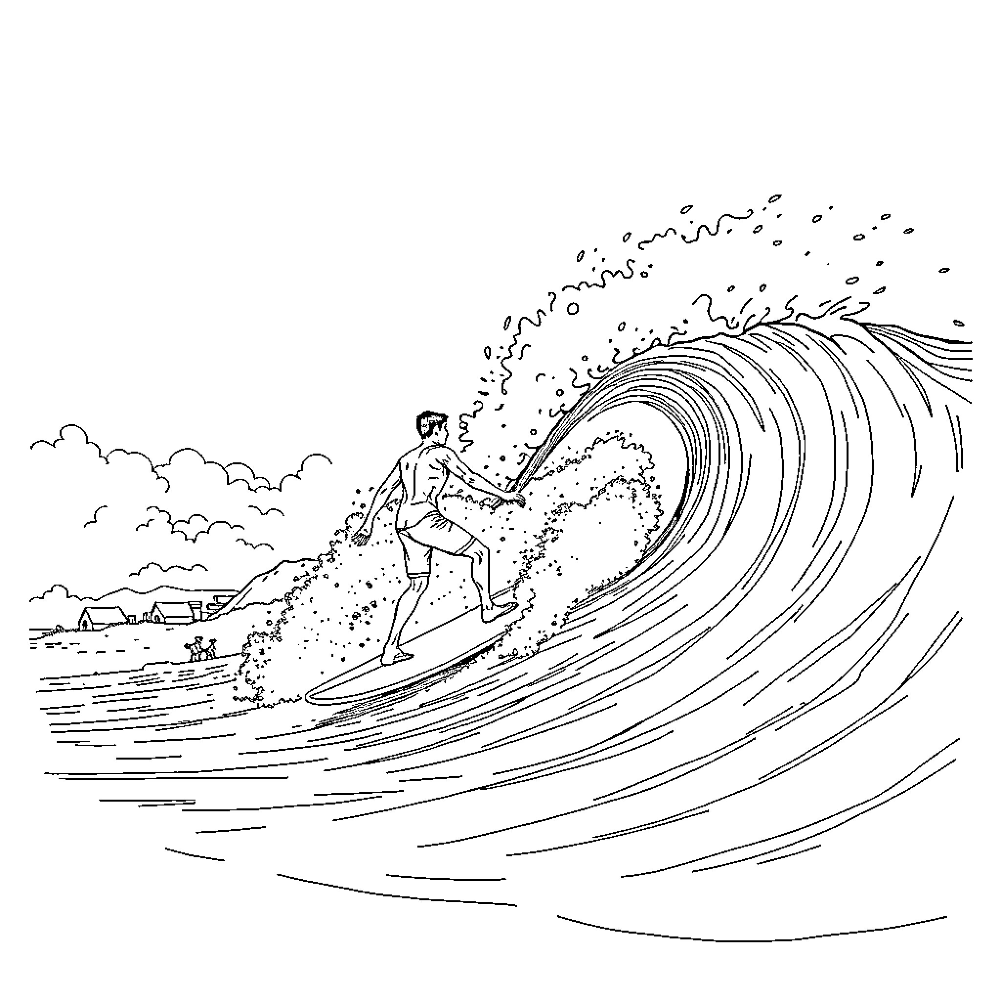 Surfer riding a crashing wave with skill Coloring Page (free black-and-white line drawing printable PDF for all, from beginners to advanced learners, including children, teens, adults, and seniors)