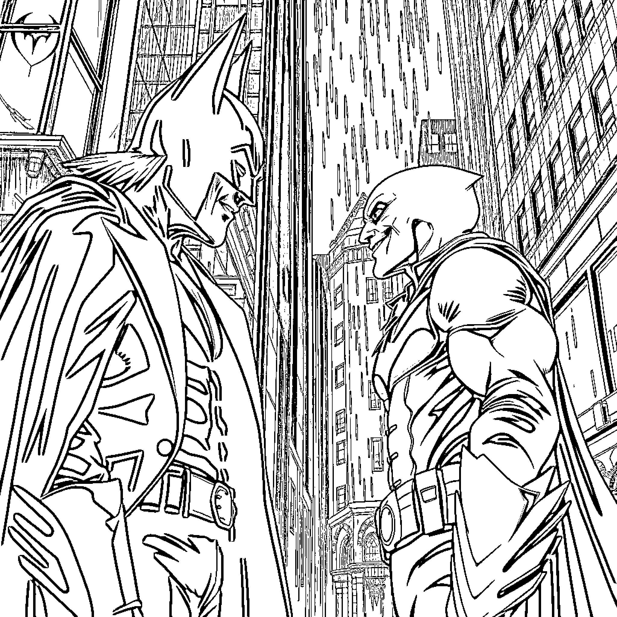 Joker facing off against a masked vigilante in a rainy city Coloring Page (free black-and-white line drawing printable PDF for all, from beginners to advanced learners, including children, teens, adults, and seniors)