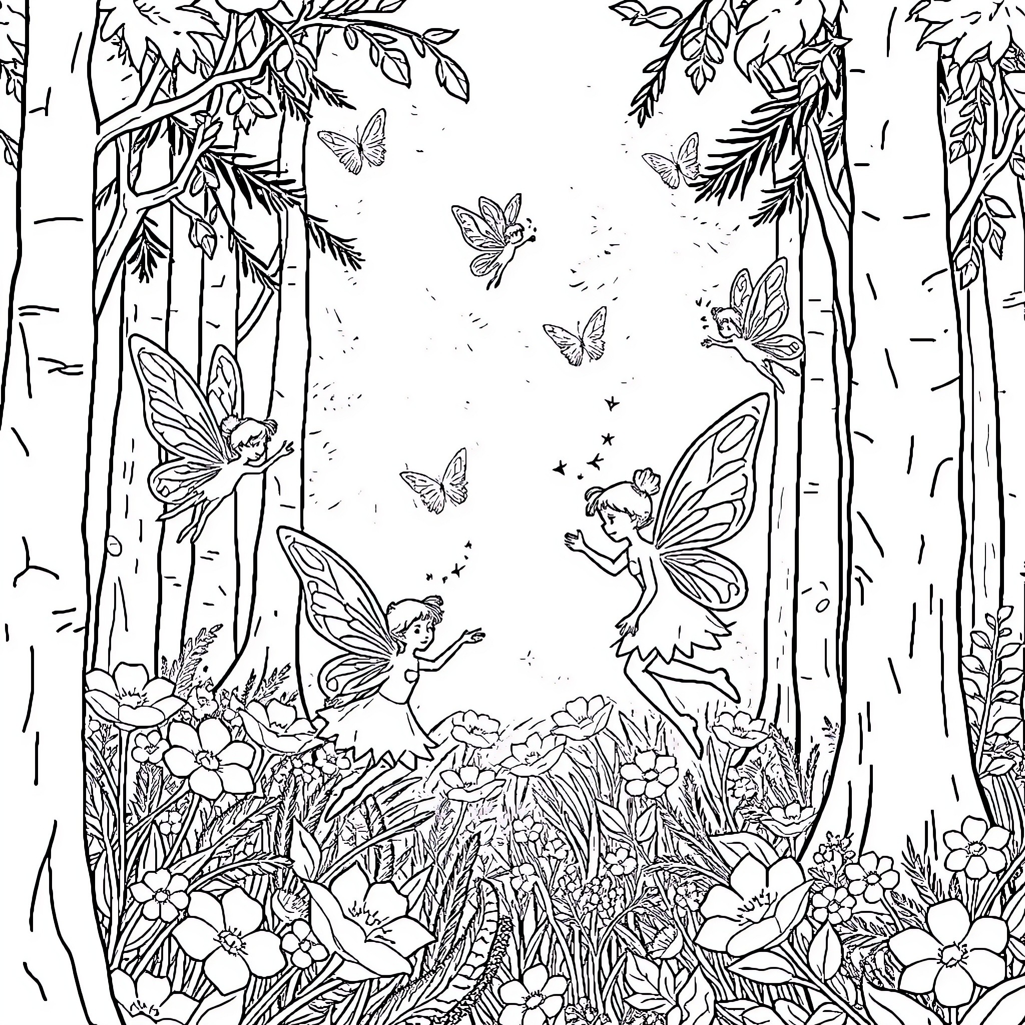 Fairy sprites frolicking in enchanted forest Coloring Page (free black-and-white line drawing printable PDF for all, from beginners to advanced learners, including children, teens, adults, and seniors)