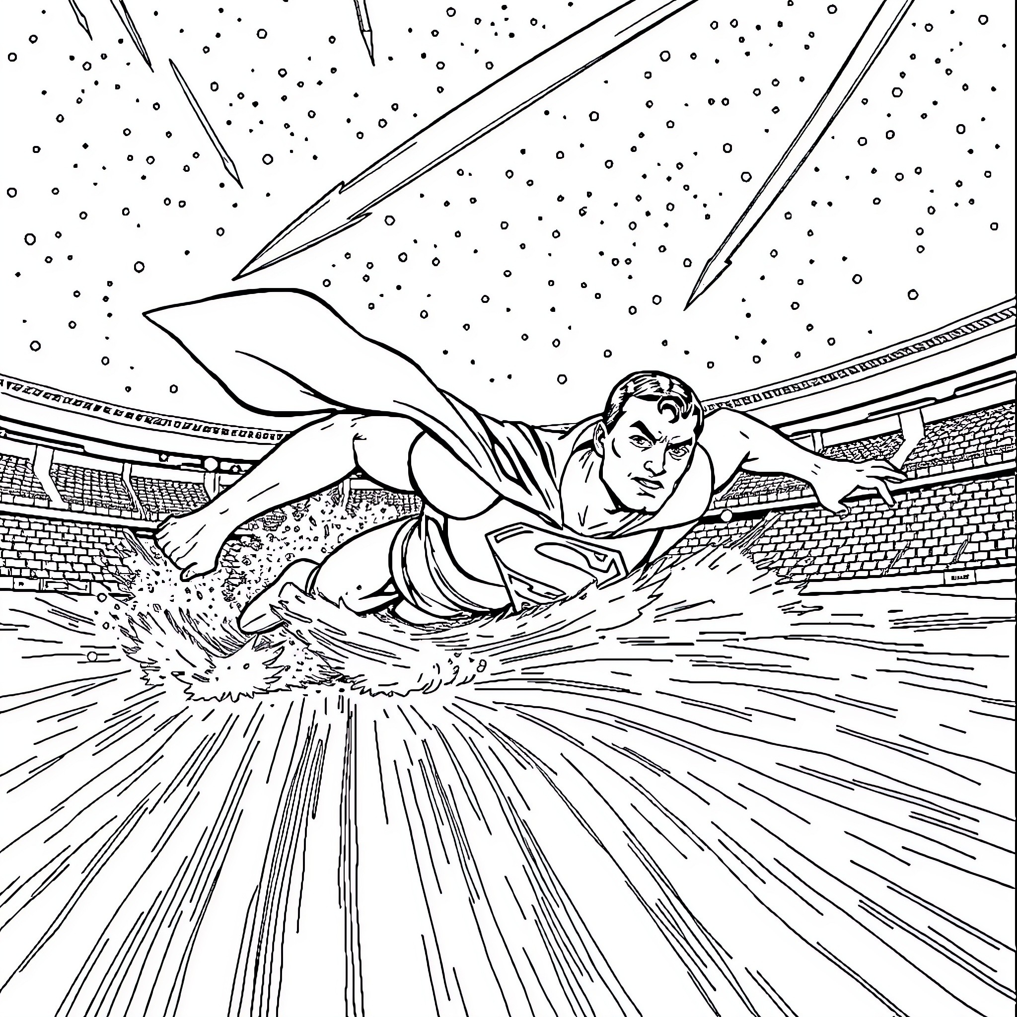 Superman soaring through the night sky Coloring Page (free black-and-white line drawing printable PDF for all, from beginners to advanced learners, including children, teens, adults, and seniors)