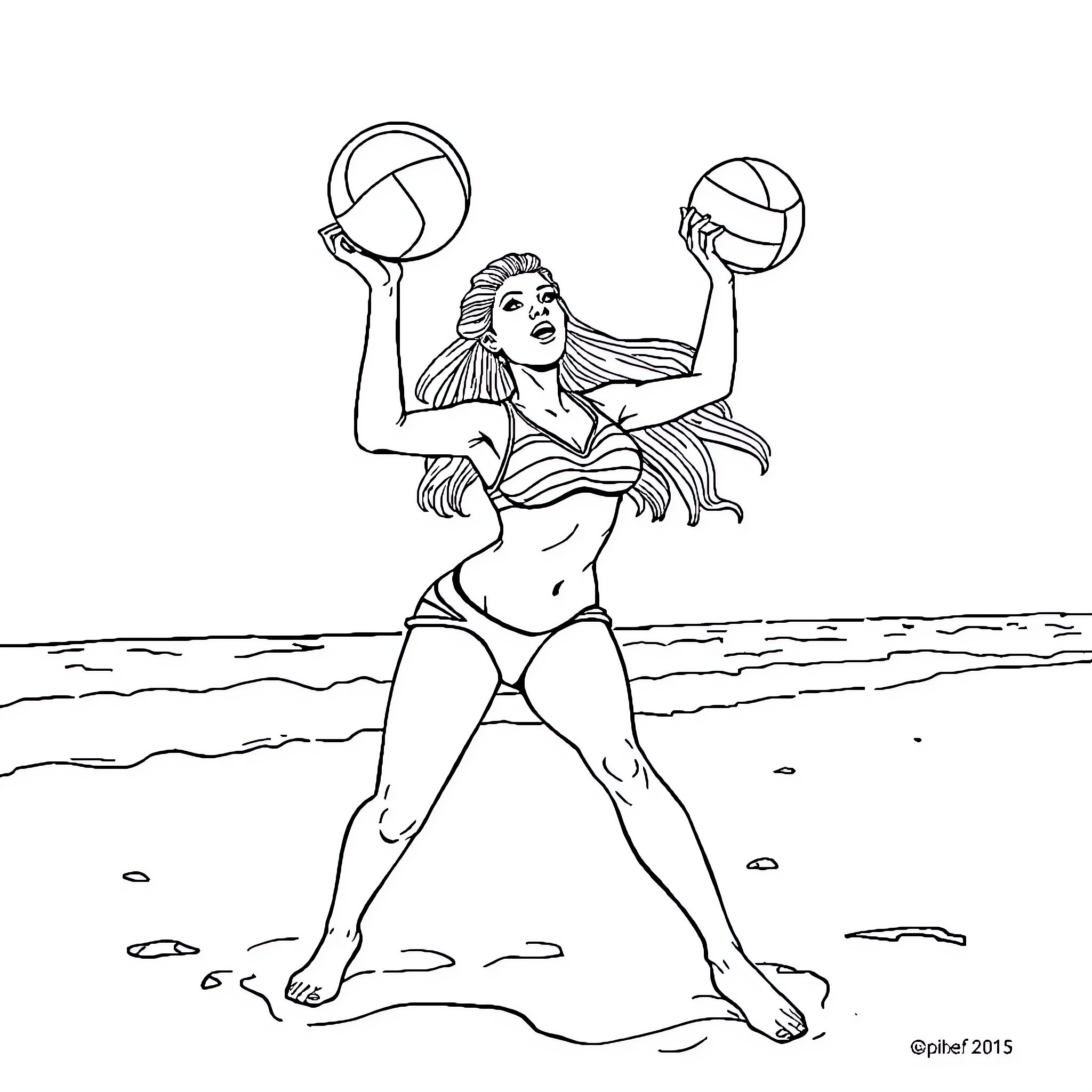 Charlotte Flair playing volleyball on the beach Coloring Page (free black-and-white line drawing printable PDF for all, from beginners to advanced learners, including children, teens, adults, and seniors)