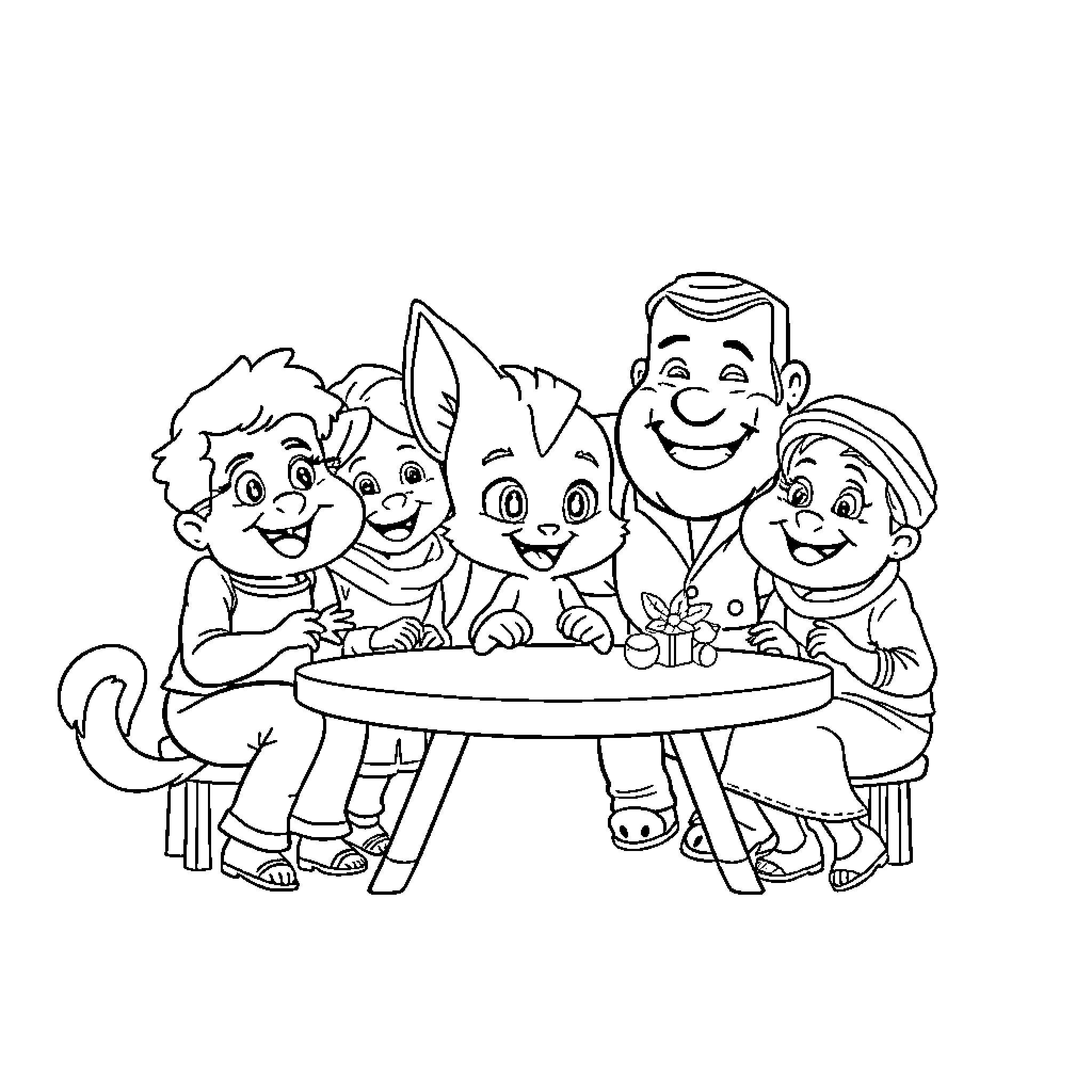 Bluey and friends enjoying a meal together Coloring Page (free black-and-white line drawing printable PDF for all, from beginners to advanced learners, including children, teens, adults, and seniors)