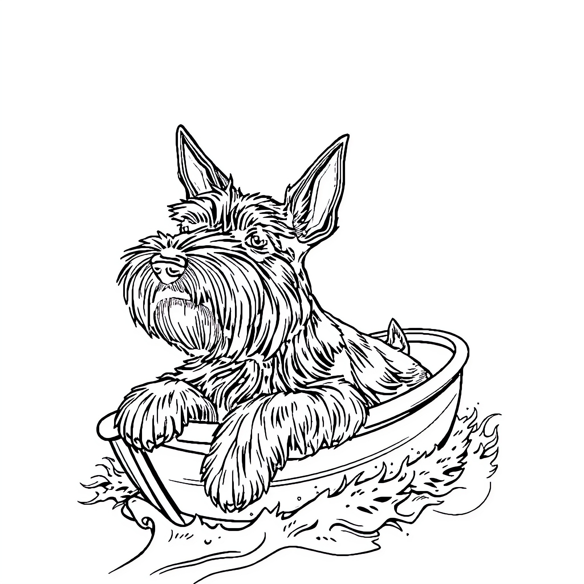 Schnauzer enjoying a relaxing bath Coloring Page (free black-and-white line drawing printable PDF for all, from beginners to advanced learners, including children, teens, adults, and seniors)