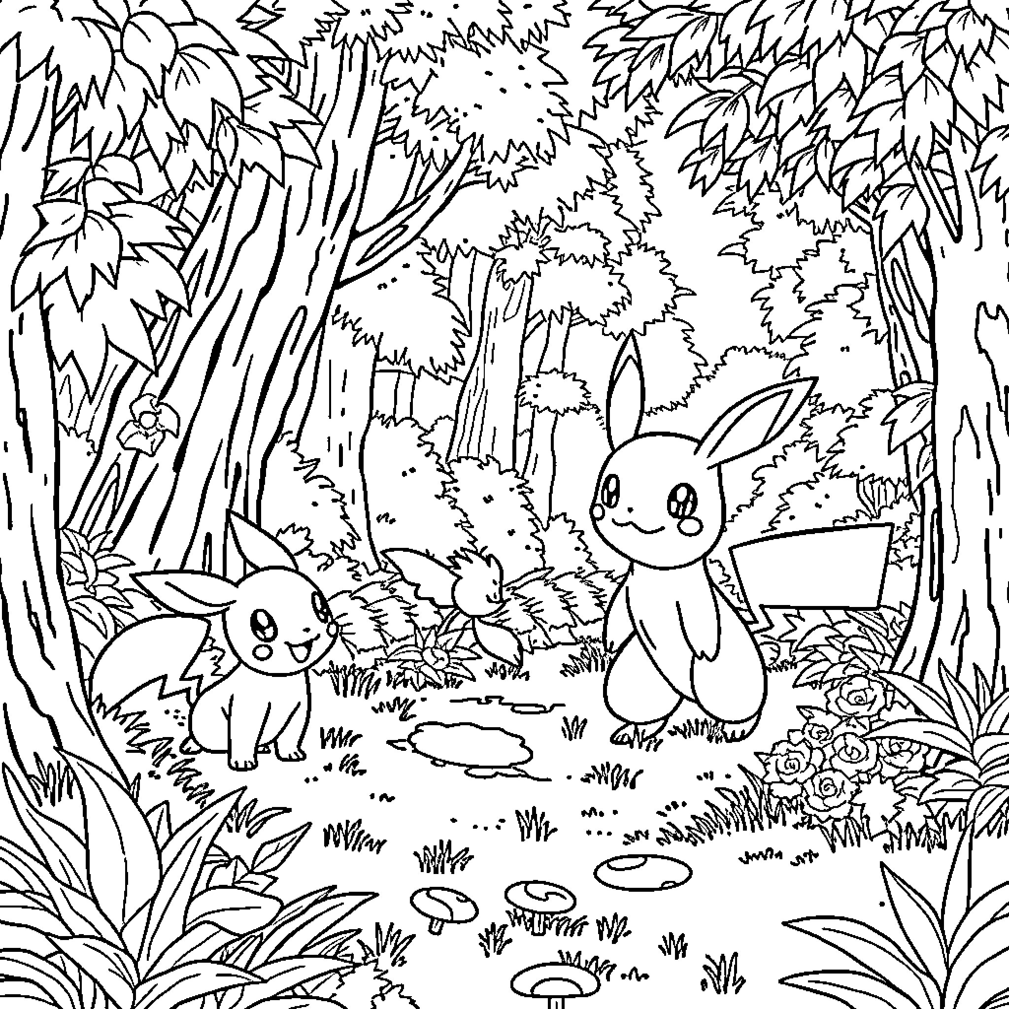 Pokémon Bunnies Frolicking in the Enchanted Forest Coloring Page (free black-and-white line drawing printable PDF for all, from beginners to advanced learners, including children, teens, adults, and seniors)