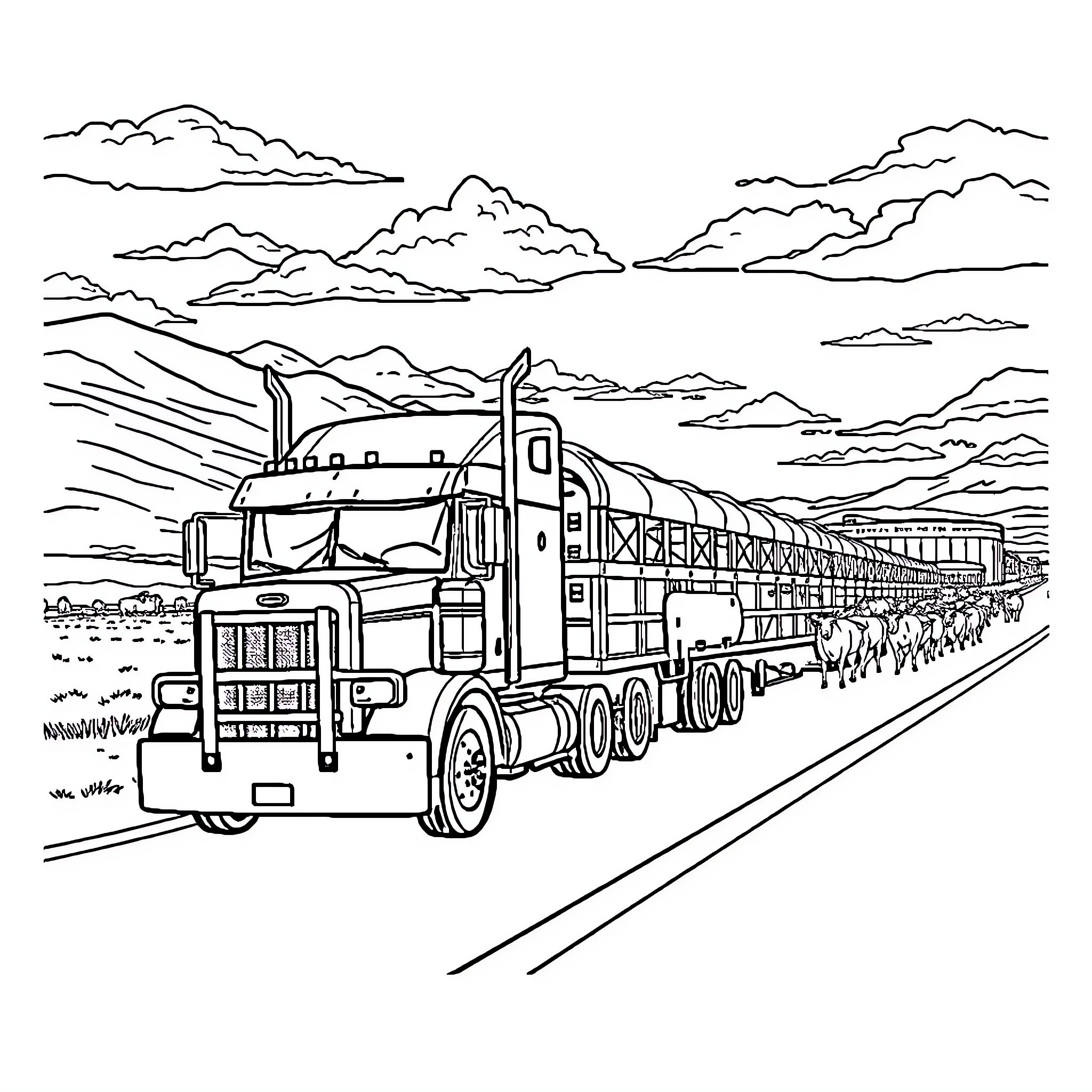 Truck hauling cargo across vast countryside Coloring Page (free black-and-white line drawing printable PDF for all, from beginners to advanced learners, including children, teens, adults, and seniors)