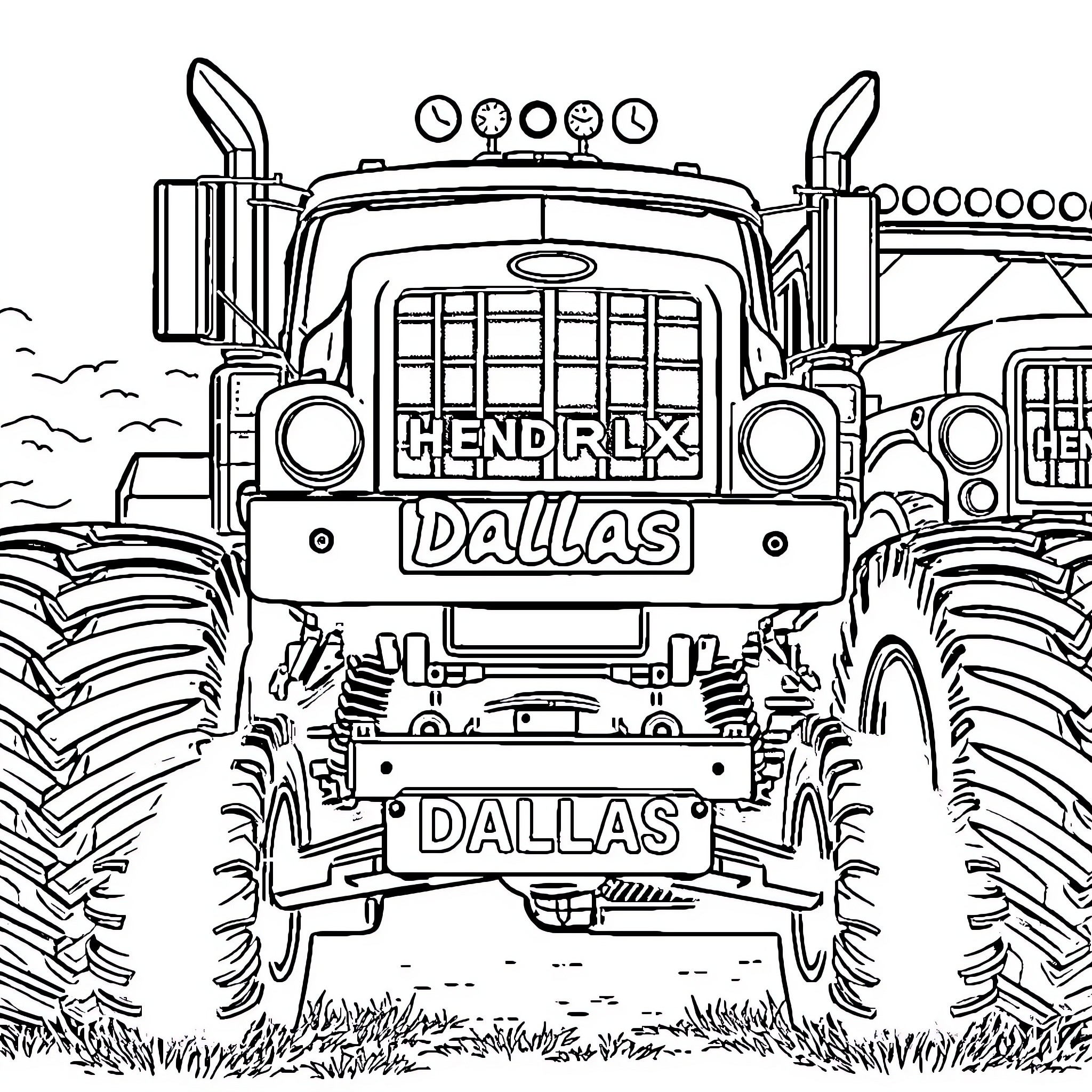 Monster Truck with Hendrix Branding Crushing the Terrain Coloring Page (free black-and-white line drawing printable PDF for all, from beginners to advanced learners, including children, teens, adults, and seniors)