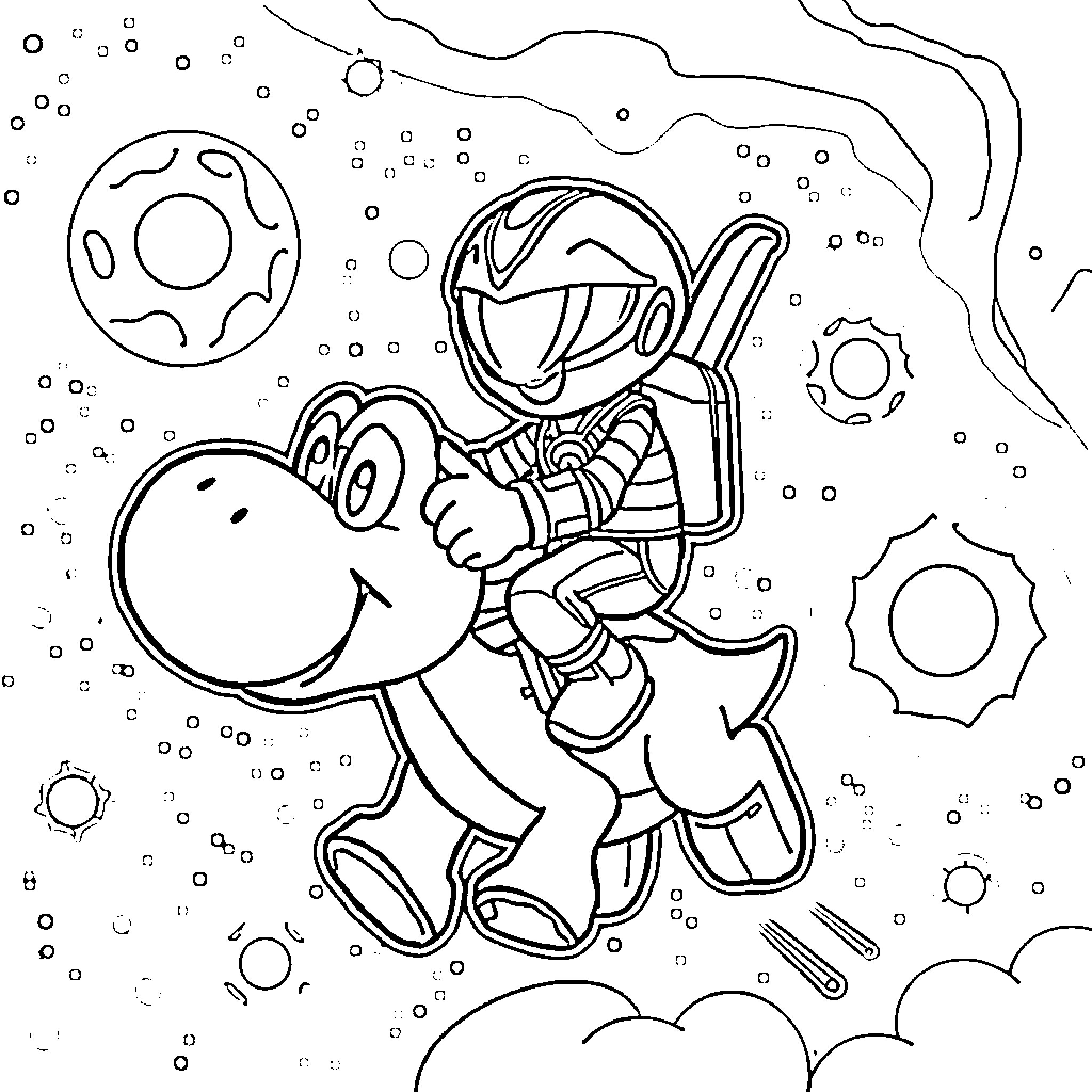 Yoshi Exploring the Cosmic Landscape Coloring Page (free black-and-white line drawing printable PDF for all, from beginners to advanced learners, including children, teens, adults, and seniors)