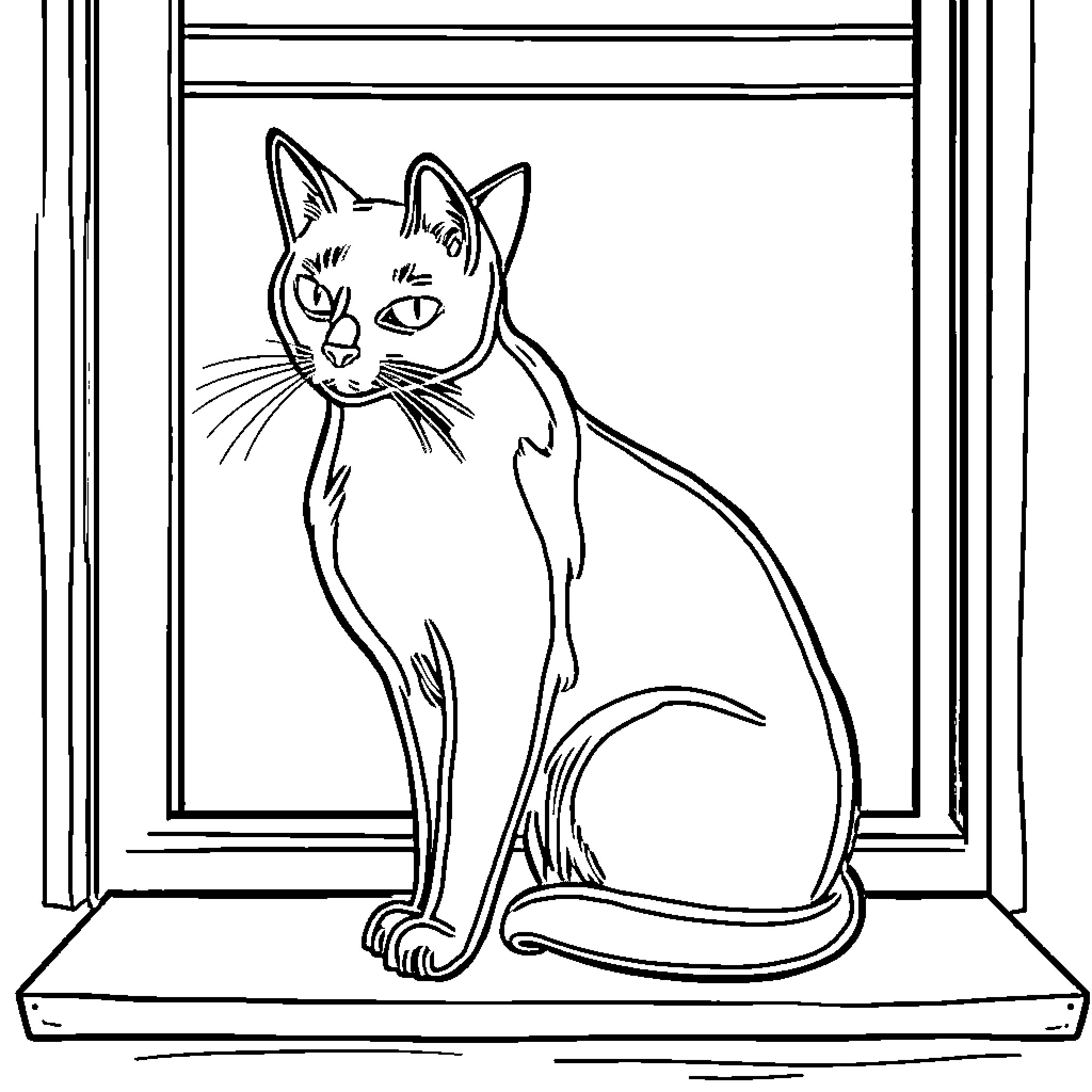 Cat sitting calmly by window Coloring Page (free black-and-white line drawing printable PDF for all, from beginners to advanced learners, including children, teens, adults, and seniors)