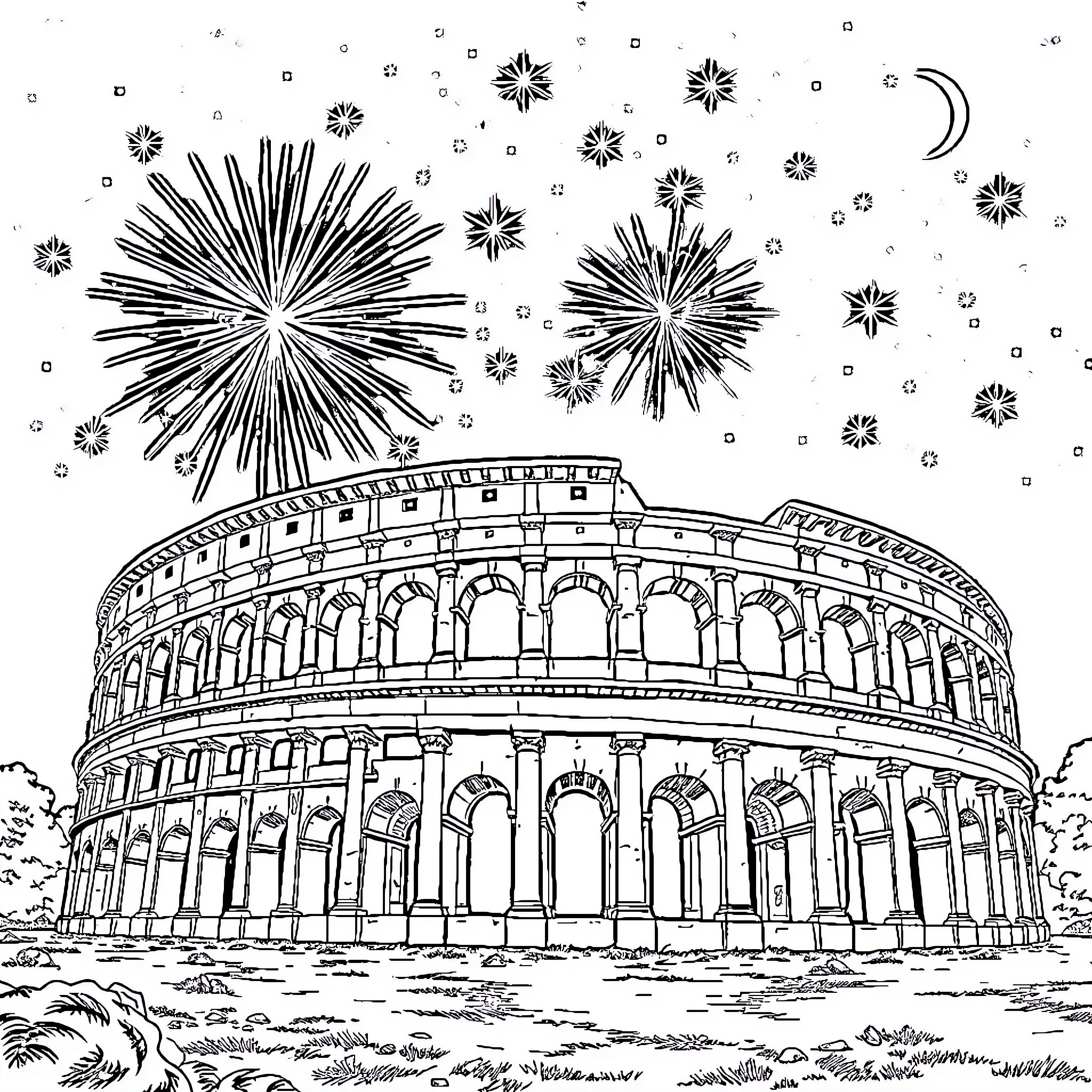 Coliseum celebrating with fireworks over night sky Coloring Page (free black-and-white line drawing printable PDF for all, from beginners to advanced learners, including children, teens, adults, and seniors)