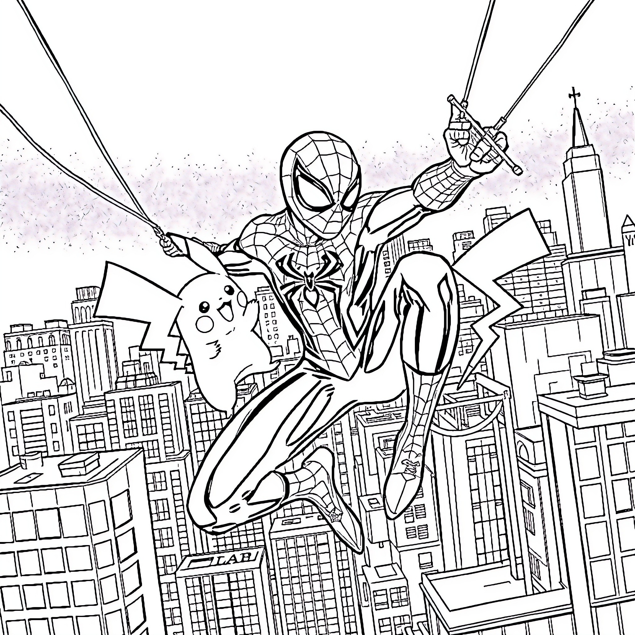 Spider-Man swinging heroically through the city skyline Coloring Page (free black-and-white line drawing printable PDF for all, from beginners to advanced learners, including children, teens, adults, and seniors)
