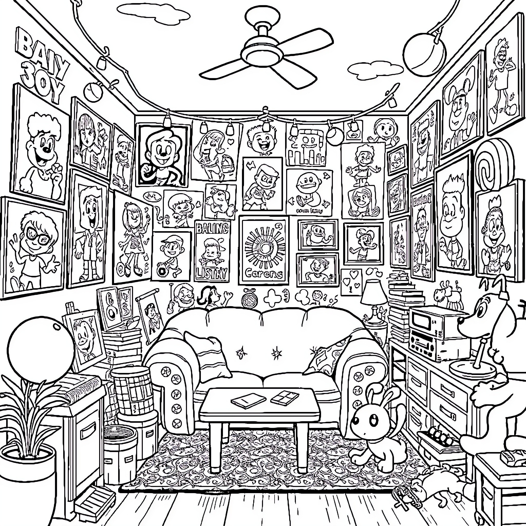 Cartoon Characters Decorating a Colorful Room Coloring Page (free black-and-white line drawing printable PDF for all, from beginners to advanced learners, including children, teens, adults, and seniors)
