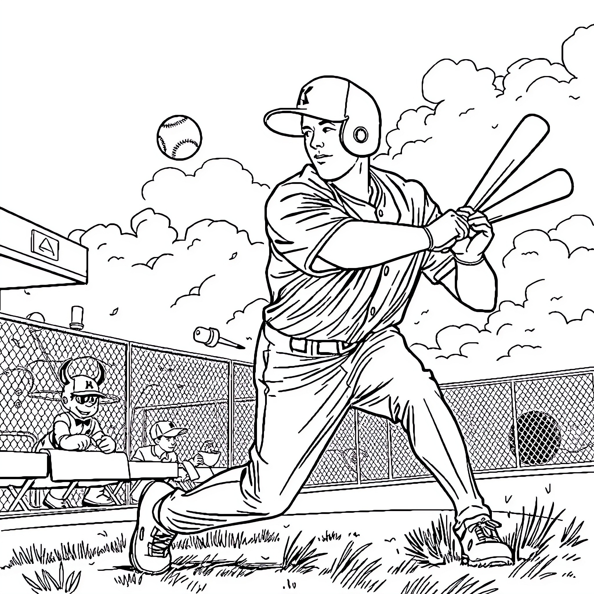 Béisbol player batting with determination on the field Coloring Page (free black-and-white line drawing printable PDF for all, from beginners to advanced learners, including children, teens, adults, and seniors)