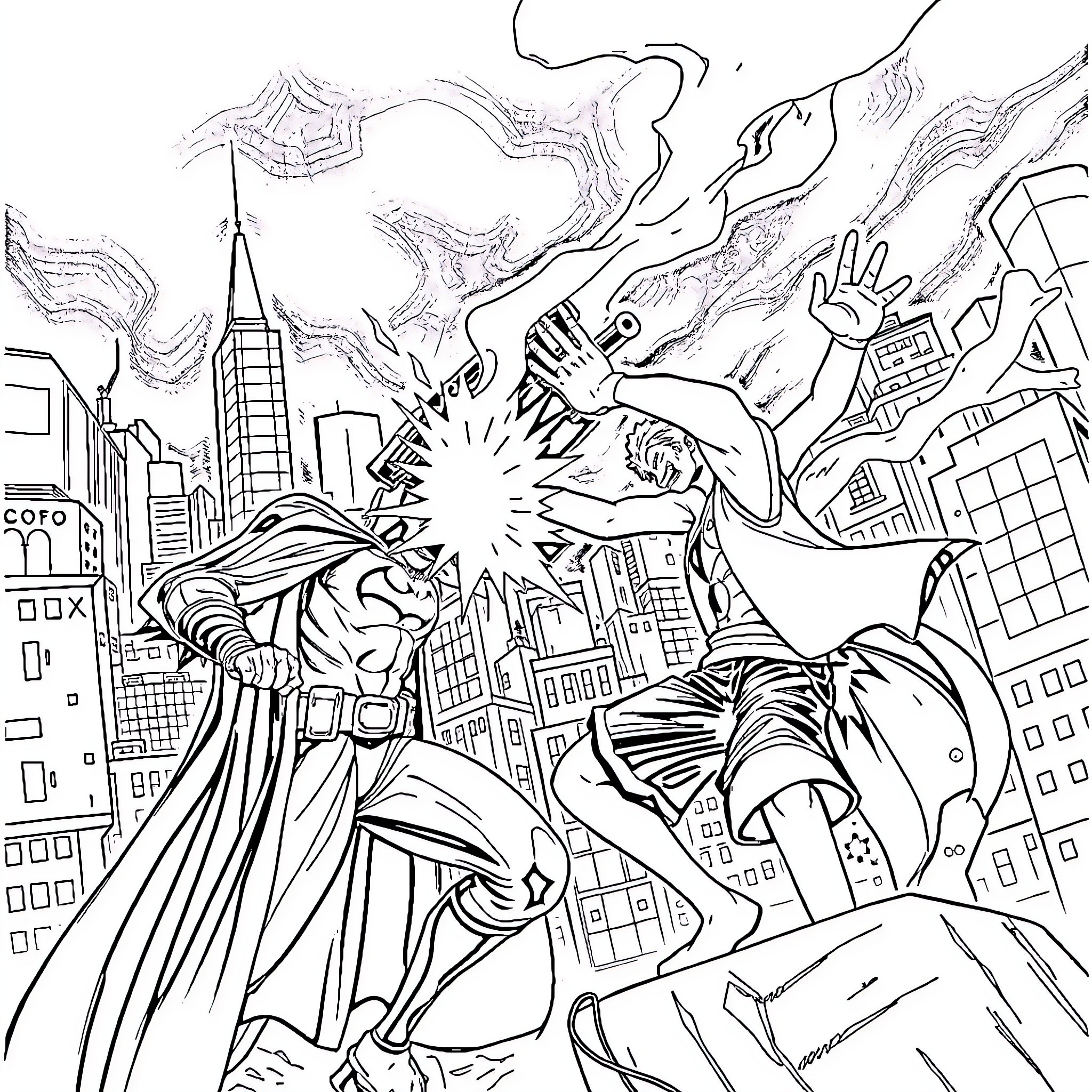 Batman battling villains in the city Coloring Page (free black-and-white line drawing printable PDF for all, from beginners to advanced learners, including children, teens, adults, and seniors)