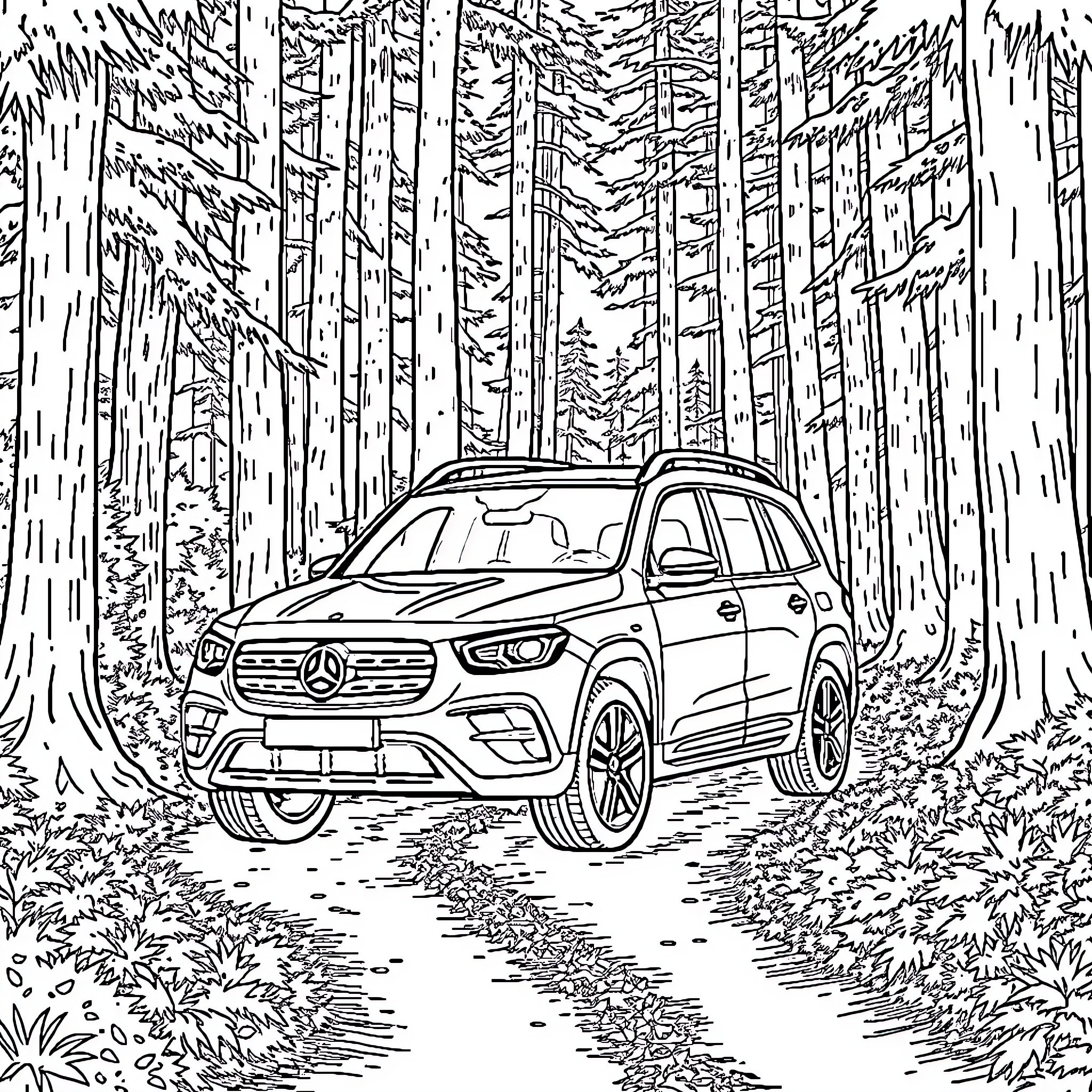 Mercedes GLB in the Forested Wilderness Coloring Page (free black-and-white line drawing printable PDF for all, from beginners to advanced learners, including children, teens, adults, and seniors)