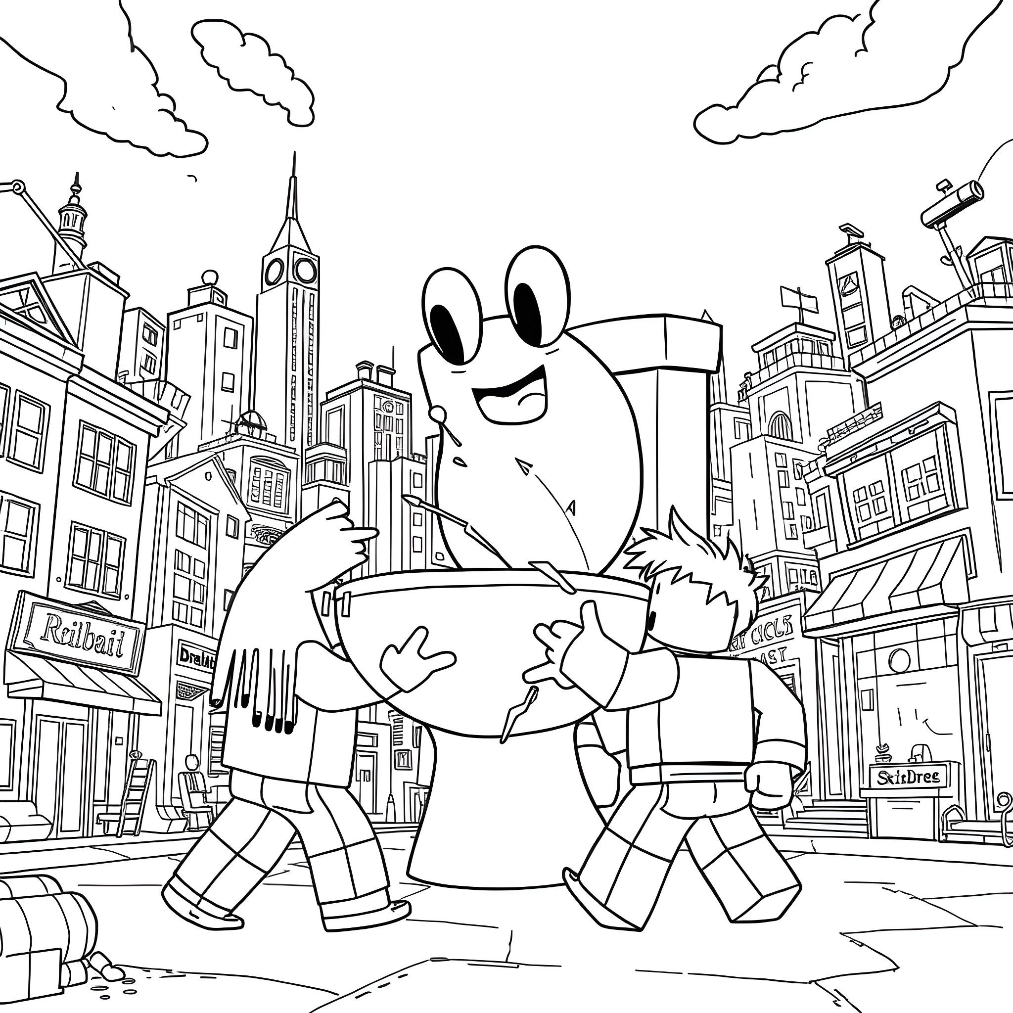 Skibidi Toilet Silly Antics in City Cityscape Coloring Page (free black-and-white line drawing printable PDF for all, from beginners to advanced learners, including children, teens, adults, and seniors)