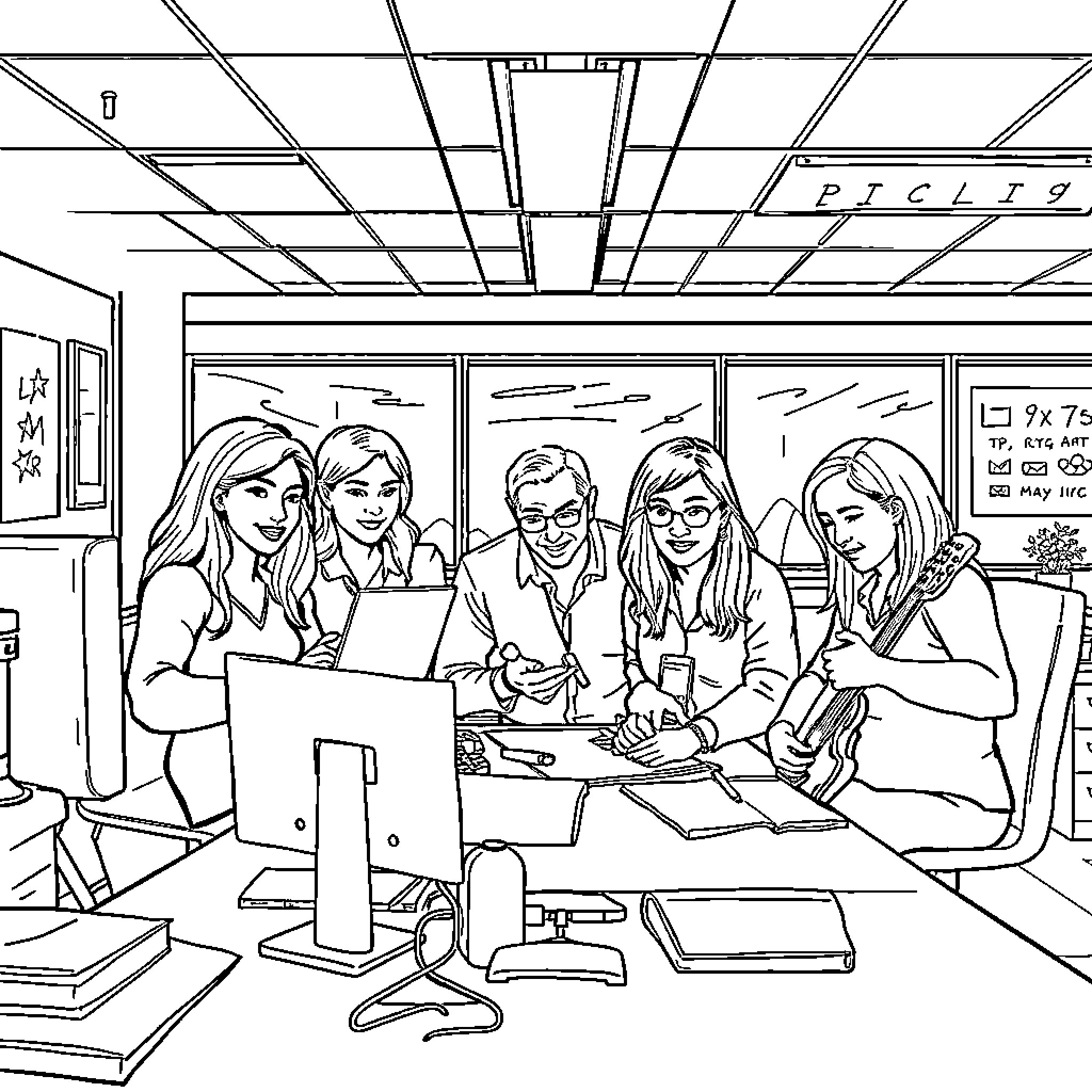 Rock Star Students Collaborating in Classroom Coloring Page (free black-and-white line drawing printable PDF for all, from beginners to advanced learners, including children, teens, adults, and seniors)