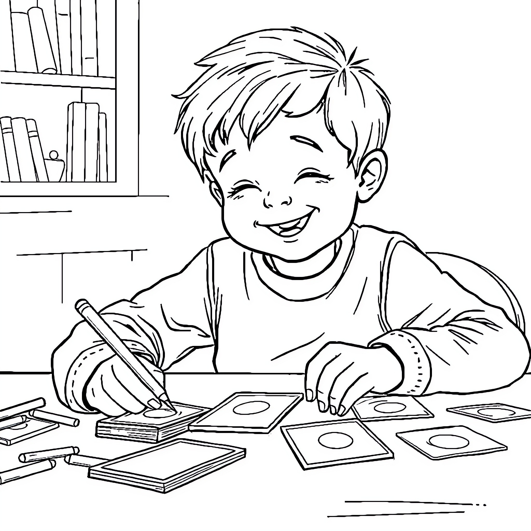 Child engrossed in creative arts and crafts Coloring Page (free black-and-white line drawing printable PDF for all, from beginners to advanced learners, including children, teens, adults, and seniors)