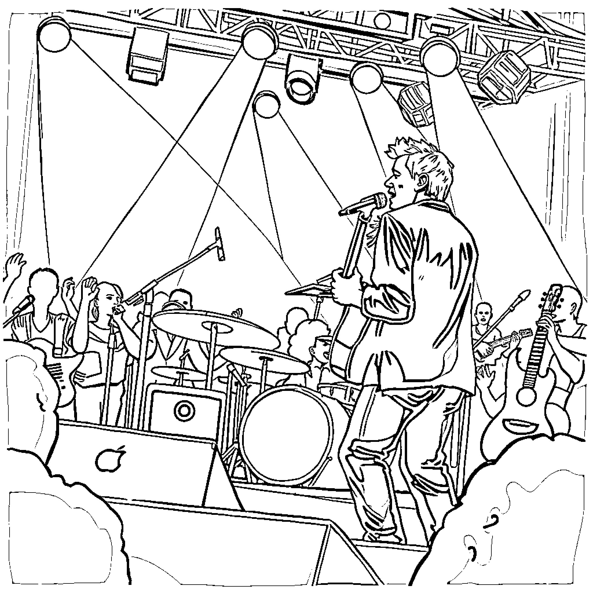 Artist performing energetically on stage Coloring Page (free black-and-white line drawing printable PDF for all, from beginners to advanced learners, including children, teens, adults, and seniors)