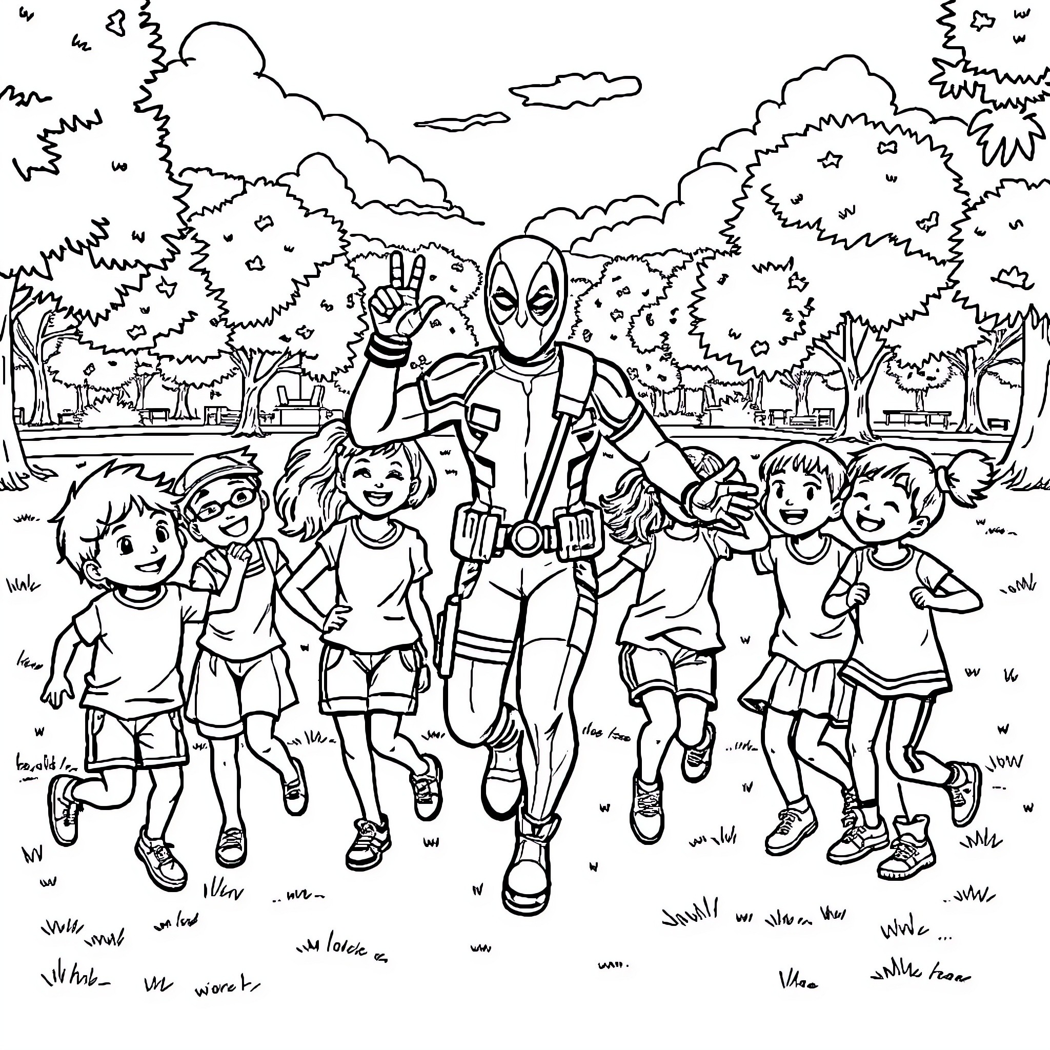 Deadpool entertaining a group of children in a park Coloring Page (free black-and-white line drawing printable PDF for all, from beginners to advanced learners, including children, teens, adults, and seniors)