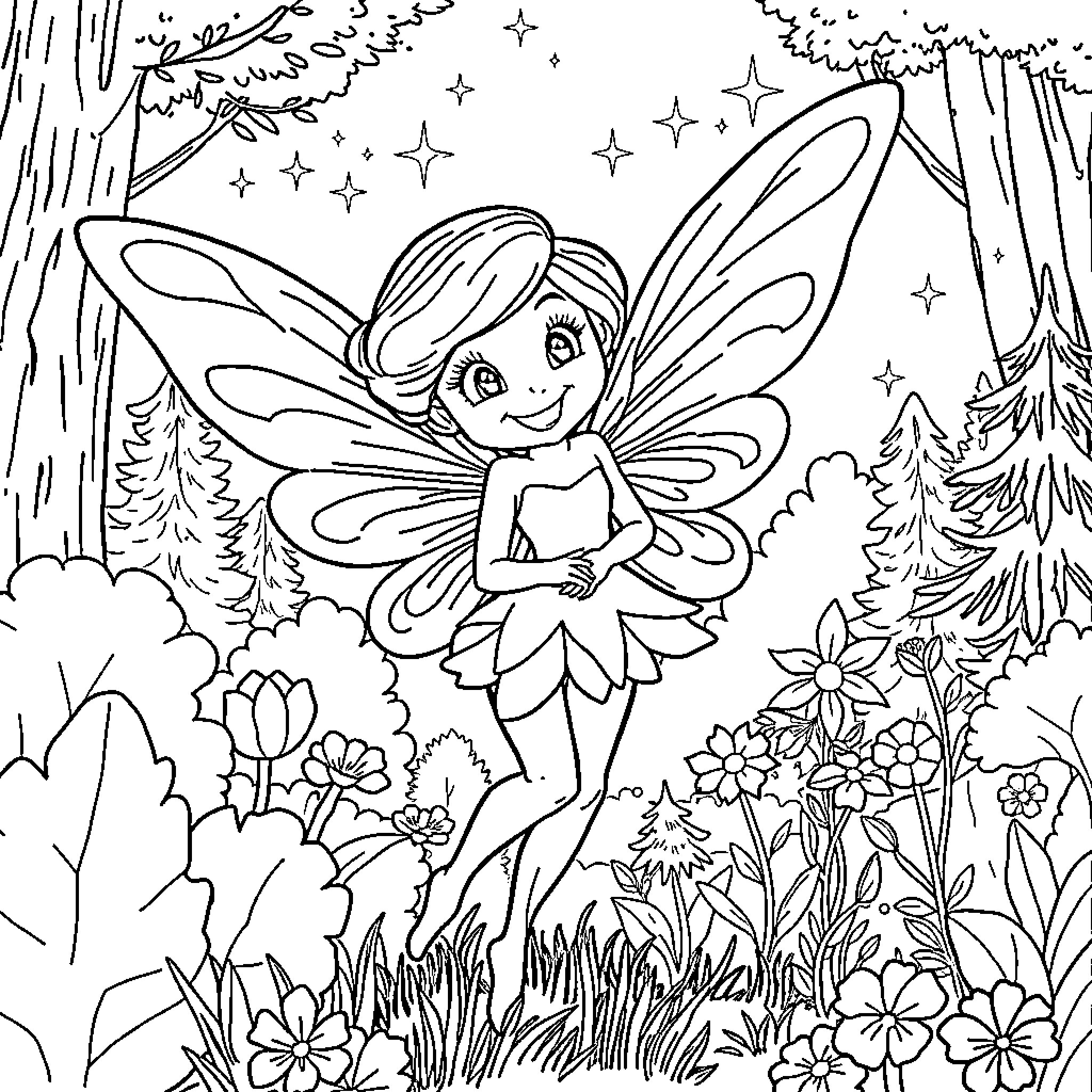 Fairy in a Magical Forest Coloring Page (free black-and-white line drawing printable PDF for all, from beginners to advanced learners, including children, teens, adults, and seniors)