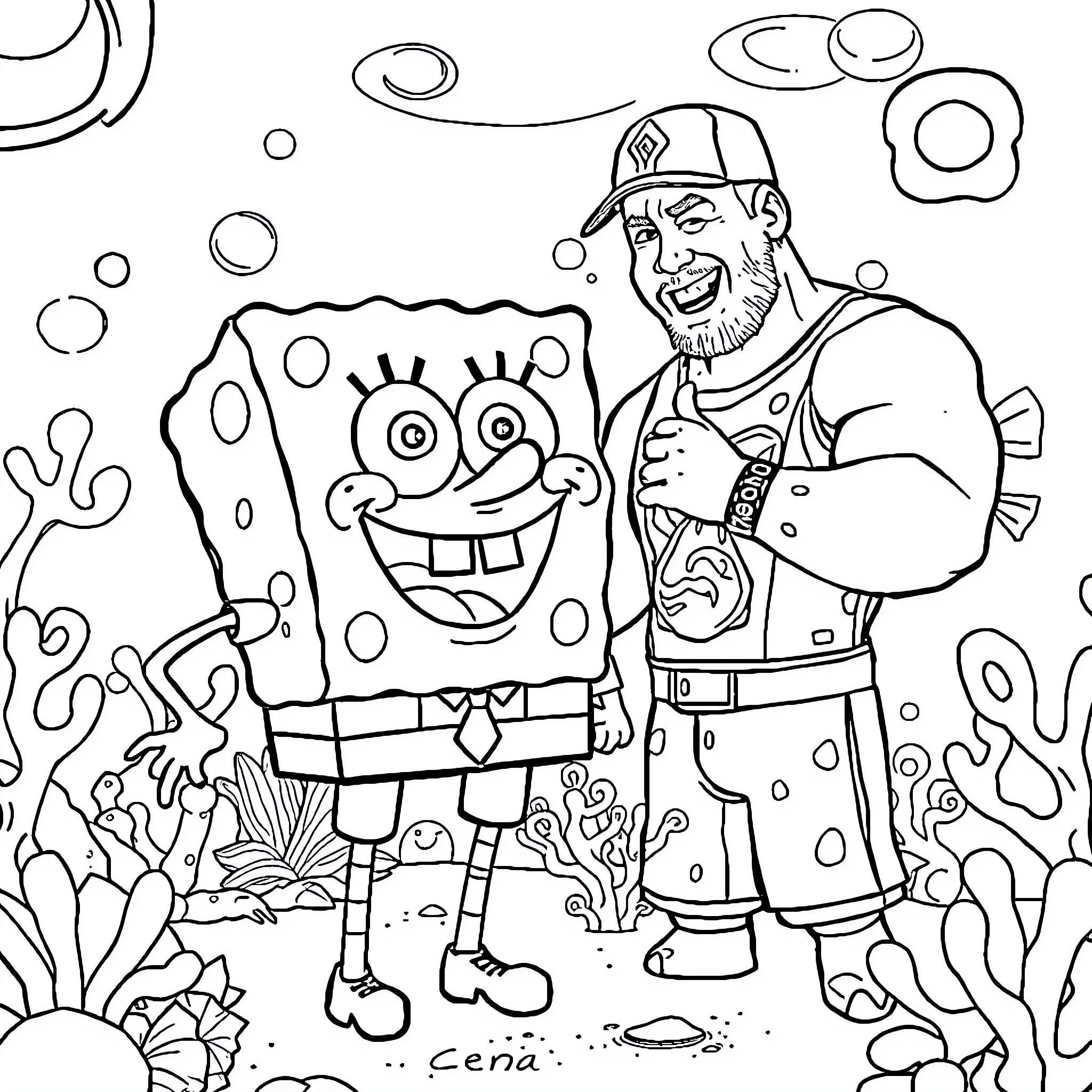 Spongebob and an ocean explorer meet in the deep sea Coloring Page (free black-and-white line drawing printable PDF for all, from beginners to advanced learners, including children, teens, adults, and seniors)
