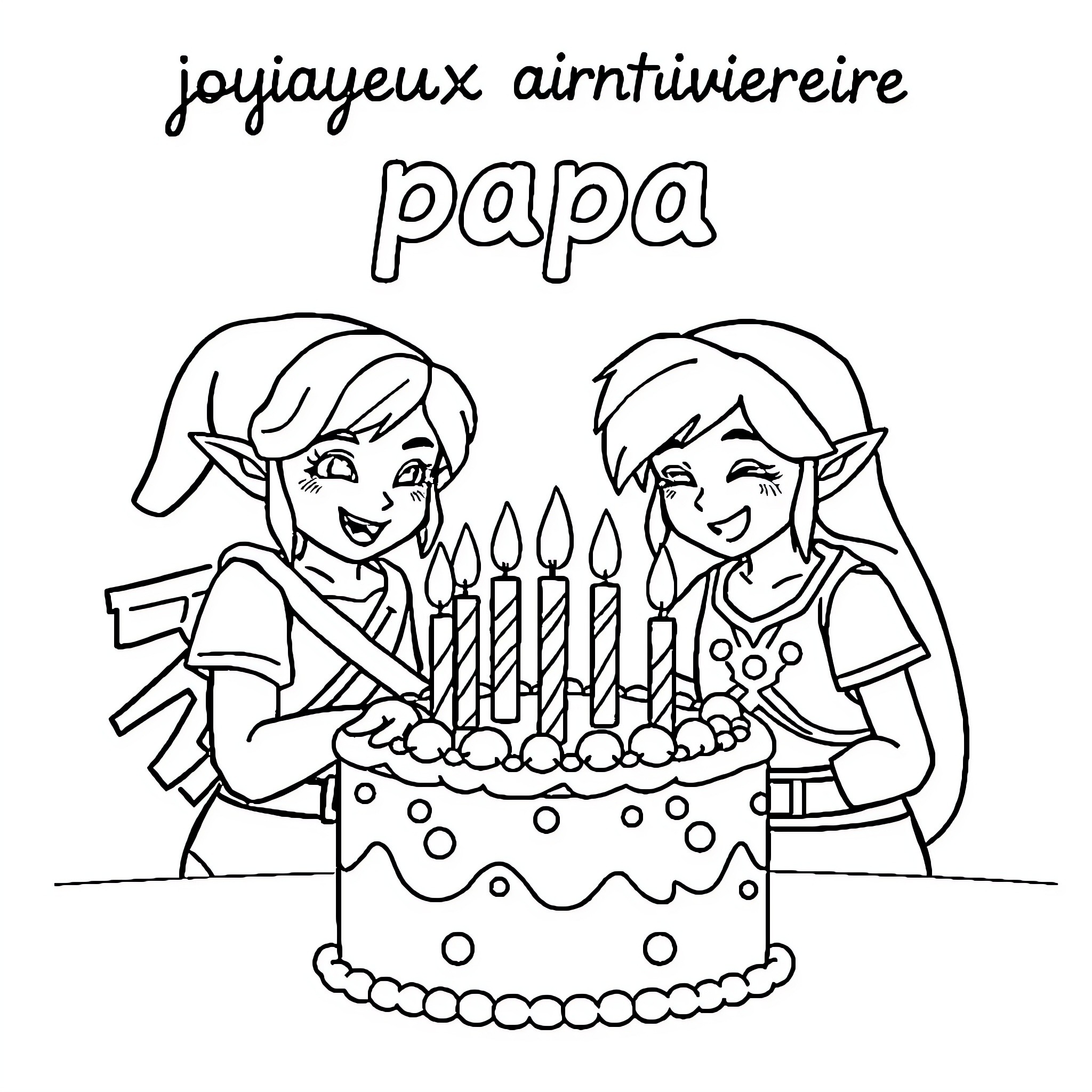 Zelda characters celebrating Papa's birthday Coloring Page (free black-and-white line drawing printable PDF for all, from beginners to advanced learners, including children, teens, adults, and seniors)