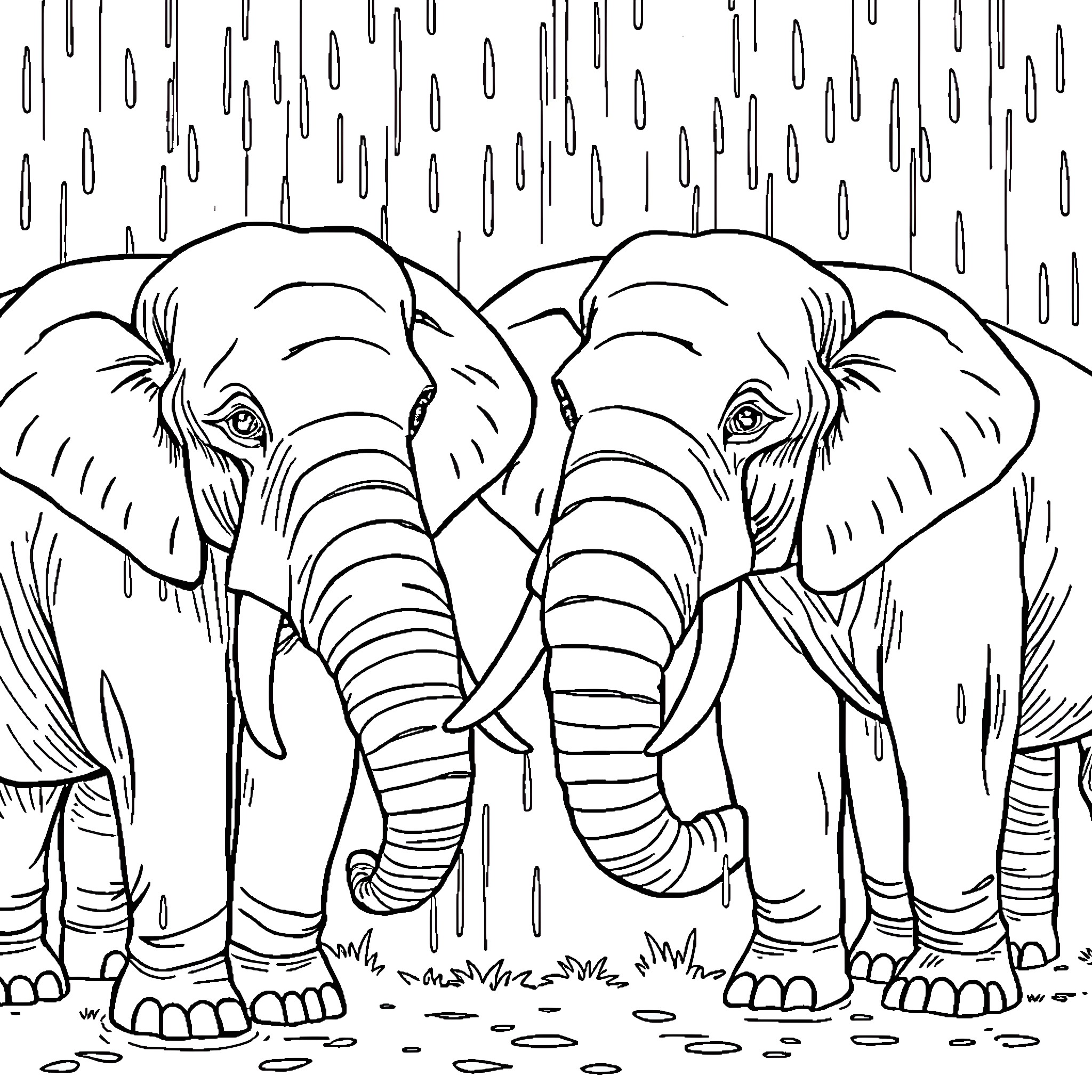 Elephant couple walking together in the rain Coloring Page (free black-and-white line drawing printable PDF for all, from beginners to advanced learners, including children, teens, adults, and seniors)