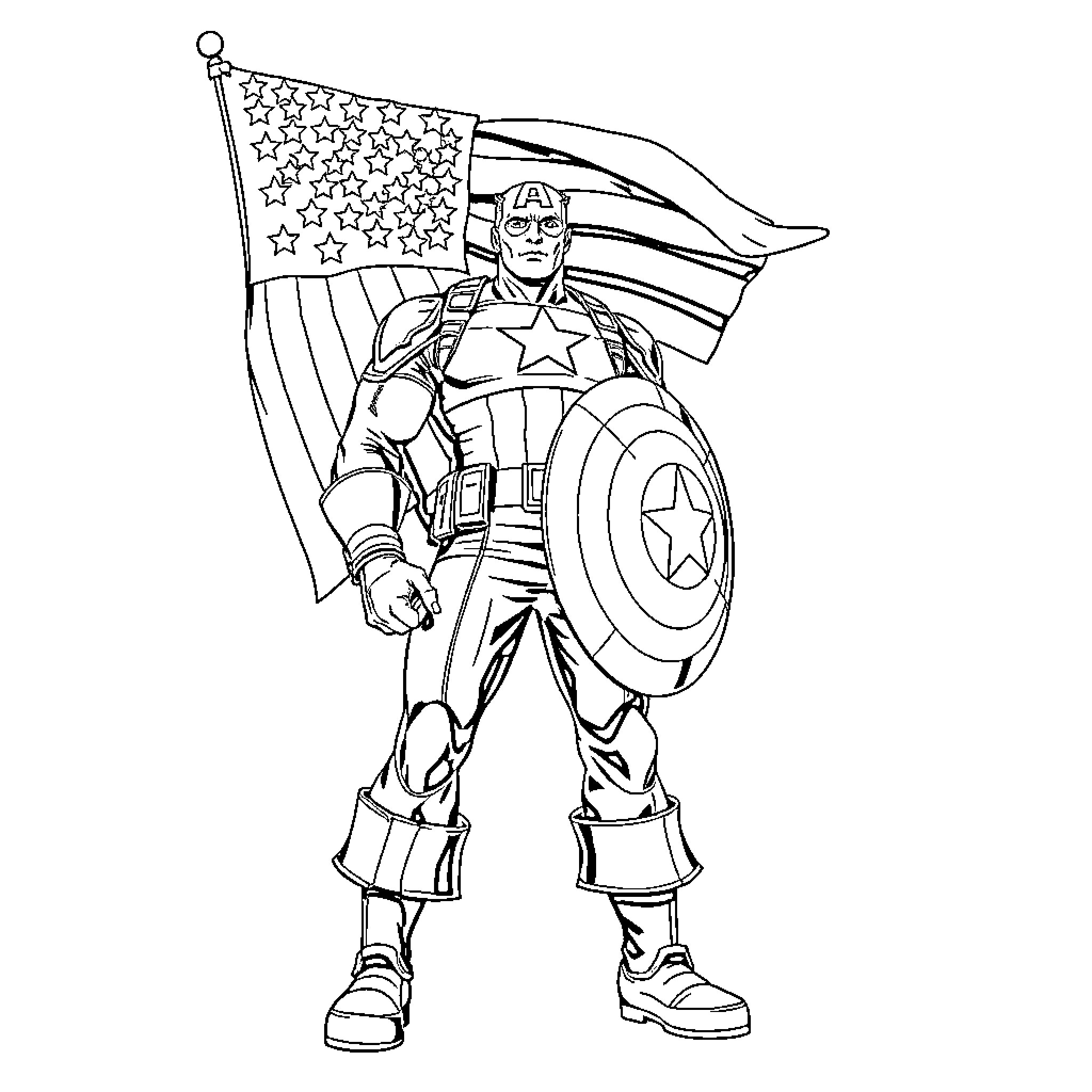 Captain America Stands Proudly with American Flag Coloring Page (free black-and-white line drawing printable PDF for all, from beginners to advanced learners, including children, teens, adults, and seniors)
