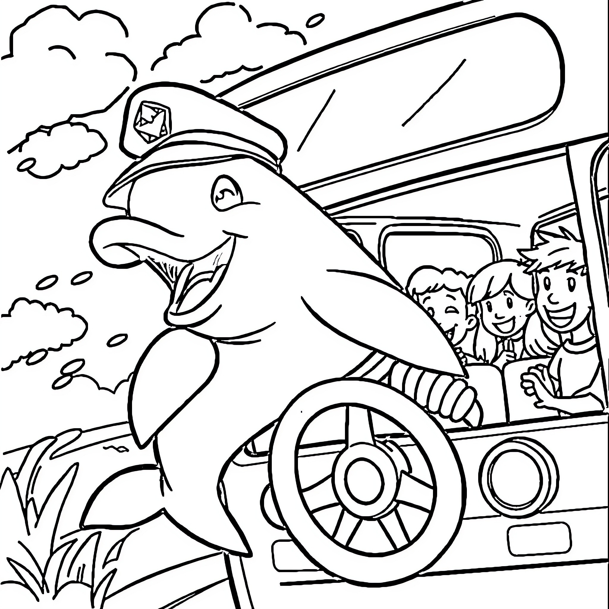 Dolphin Captains Boat with Children on Board Coloring Page (free black-and-white line drawing printable PDF for all, from beginners to advanced learners, including children, teens, adults, and seniors)