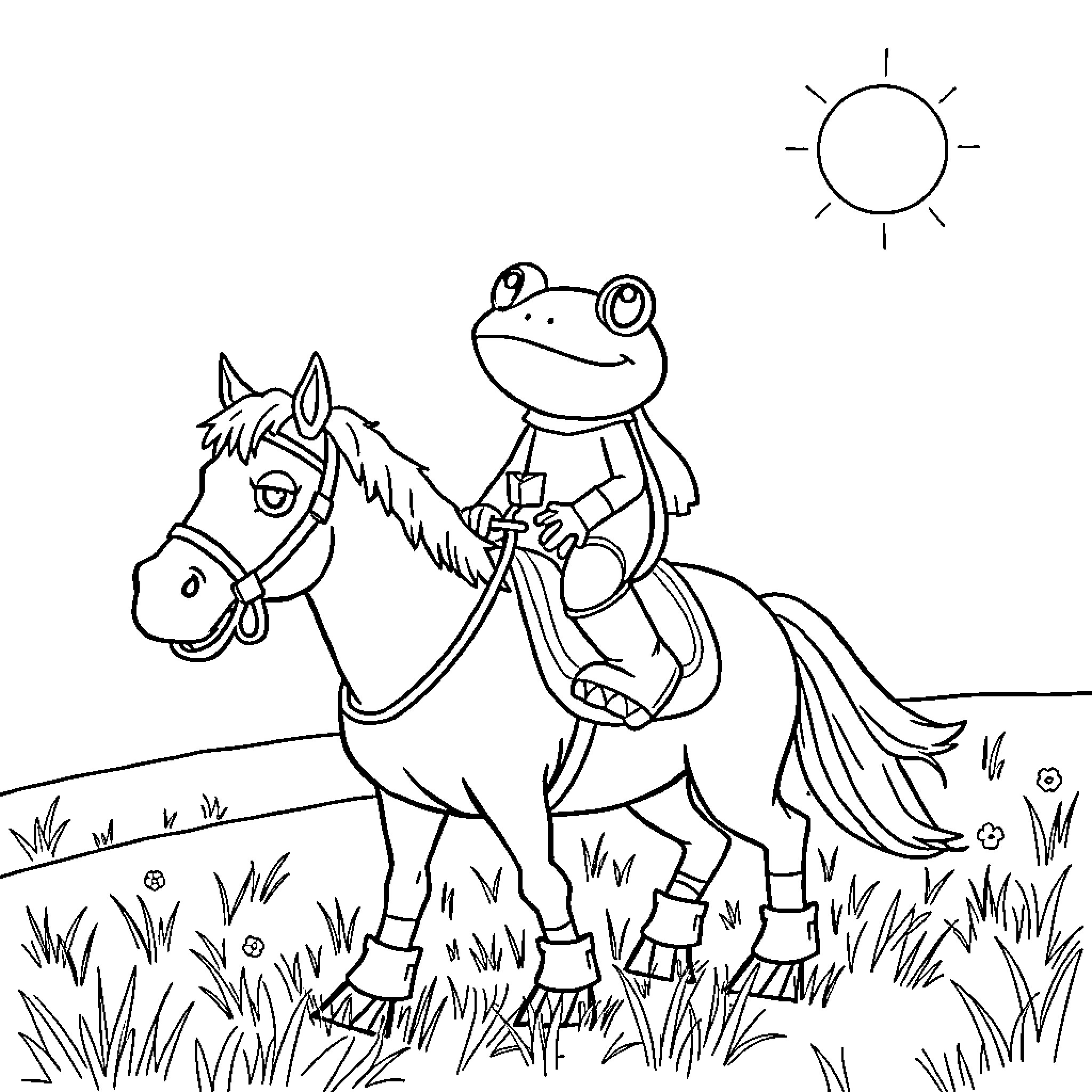 Frog riding a horse in the meadow Coloring Page (free black-and-white line drawing printable PDF for all, from beginners to advanced learners, including children, teens, adults, and seniors)