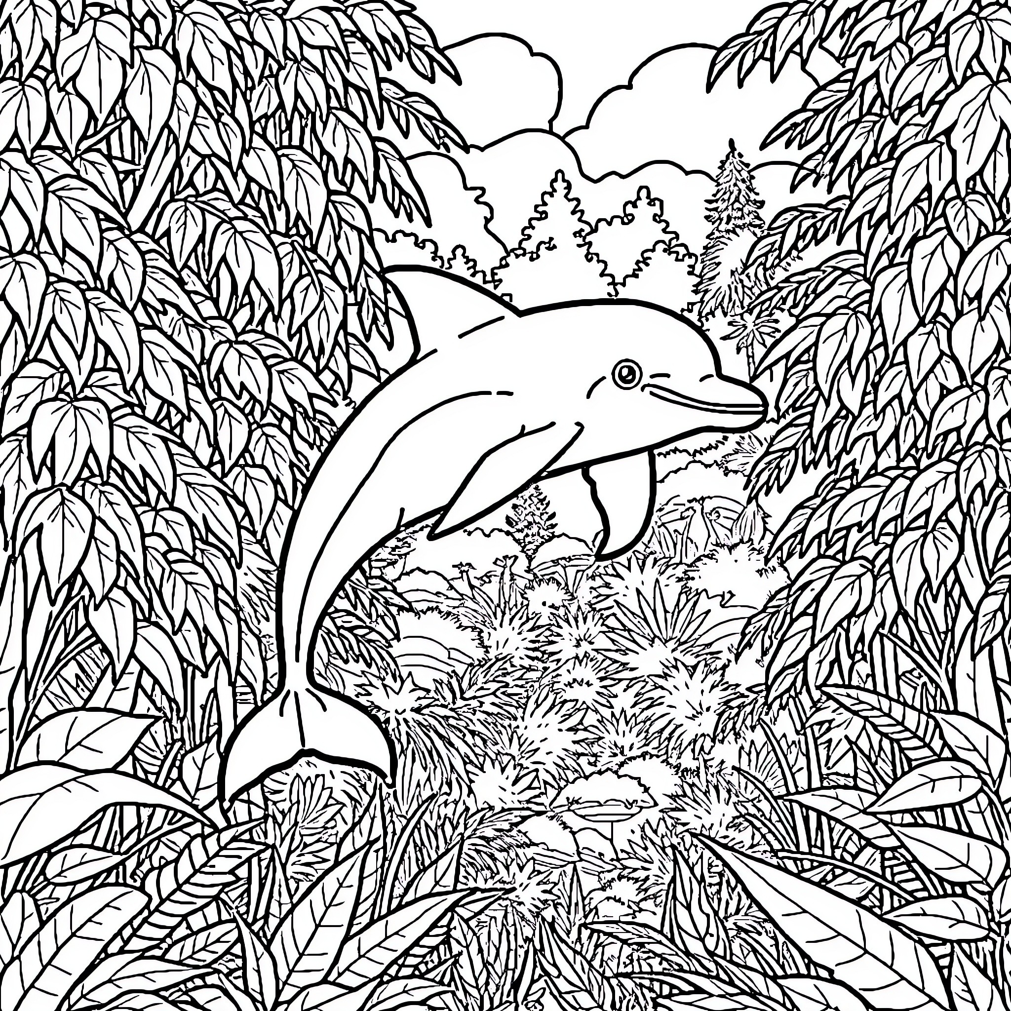 Dolphin swimming joyfully in the lush forest Coloring Page (free black-and-white line drawing printable PDF for all, from beginners to advanced learners, including children, teens, adults, and seniors)