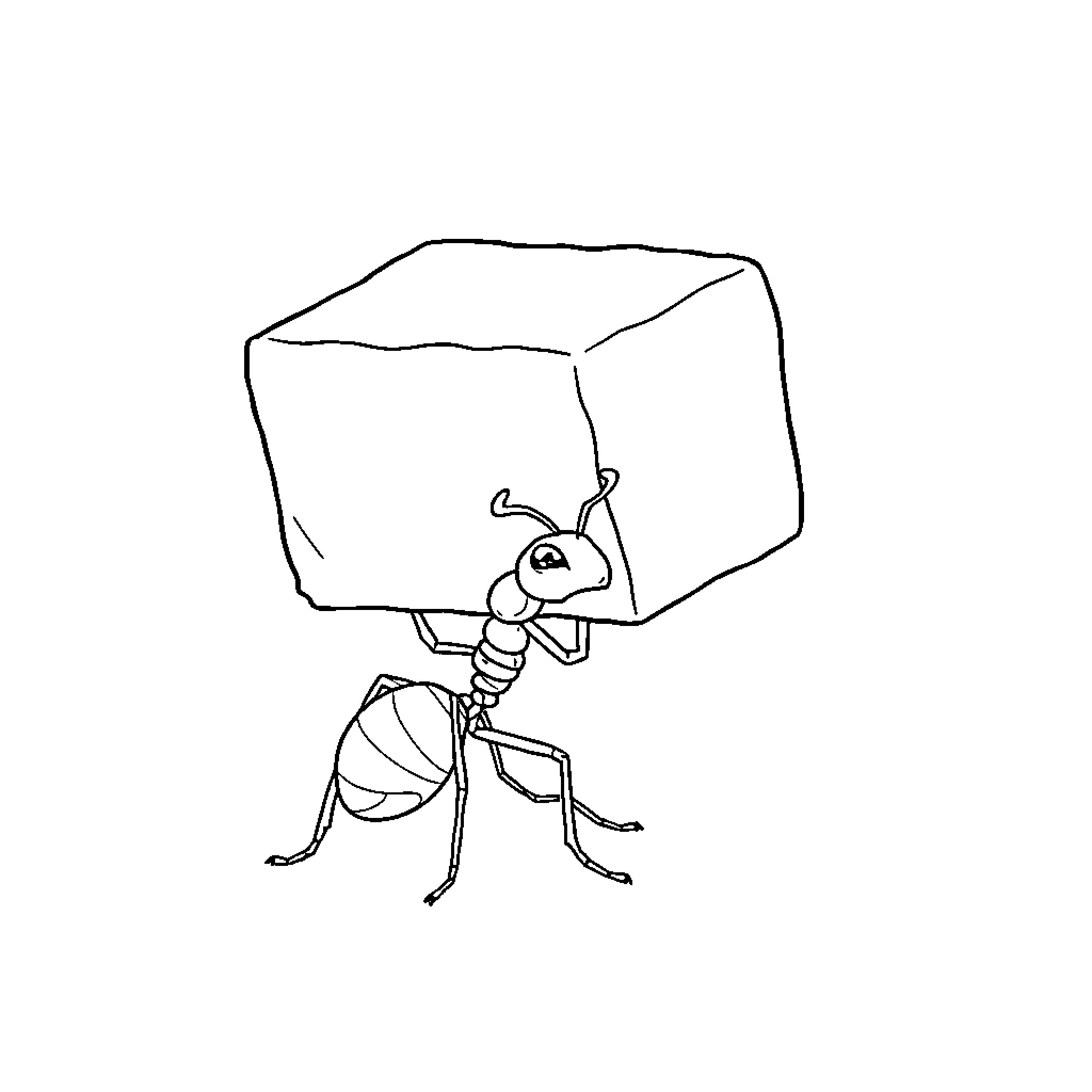 Ant carrying heavy cube Coloring Page (free black-and-white line drawing printable PDF for all, from beginners to advanced learners, including children, teens, adults, and seniors)
