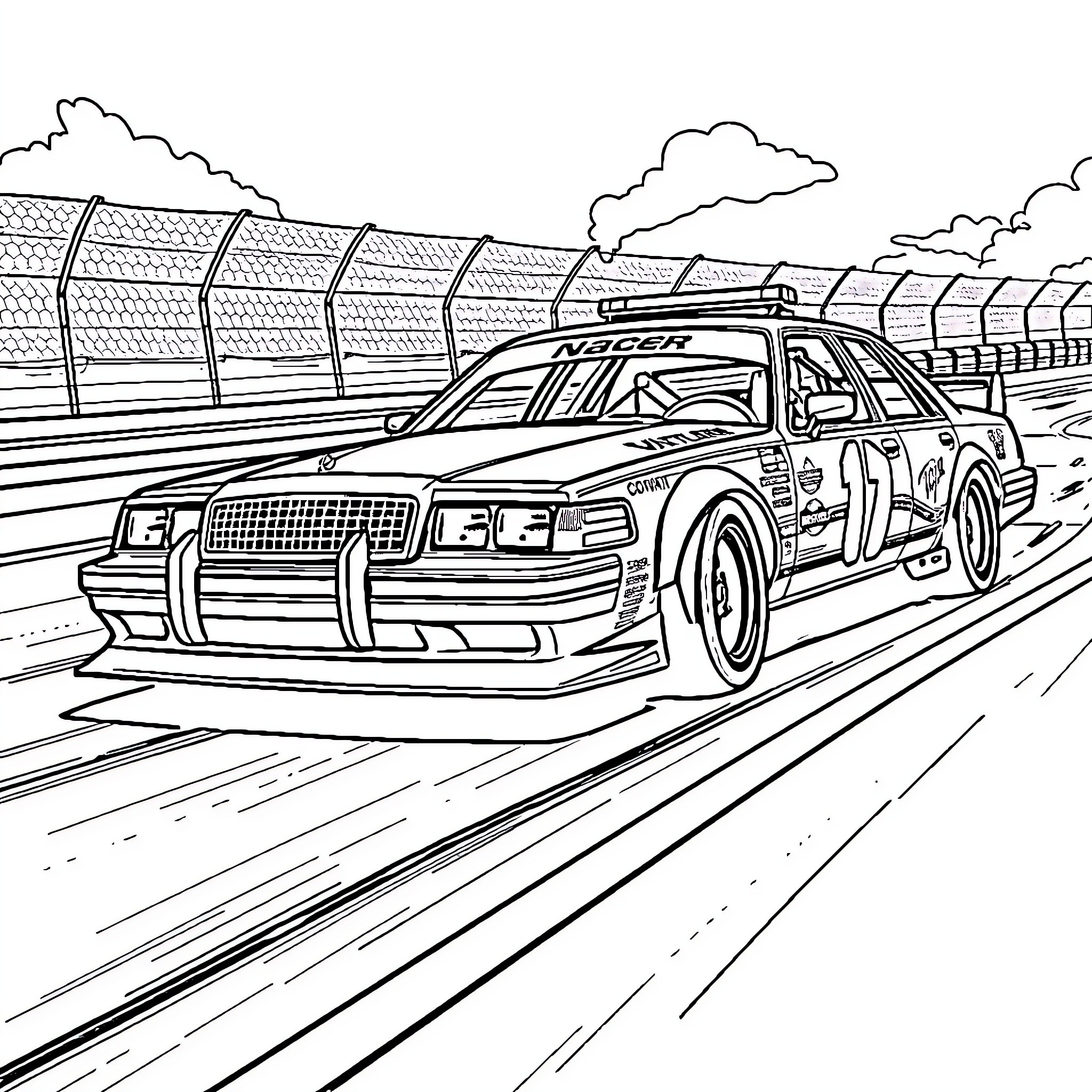 Crown Victoria Racing on the Track Coloring Page (free black-and-white line drawing printable PDF for all, from beginners to advanced learners, including children, teens, adults, and seniors)
