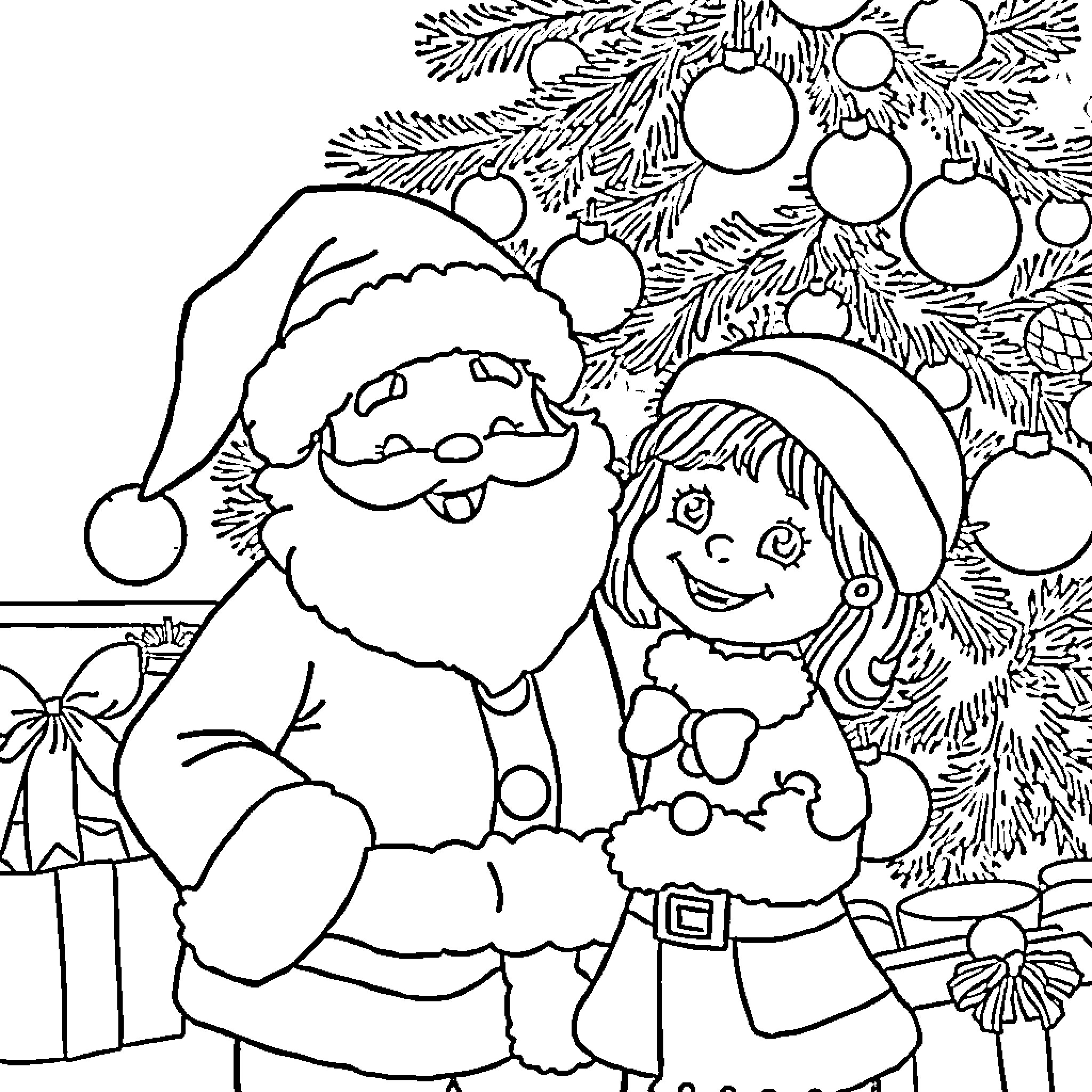 Girl and Santa Claus Decorating Christmas Tree Coloring Page (free black-and-white line drawing printable PDF for all, from beginners to advanced learners, including children, teens, adults, and seniors)