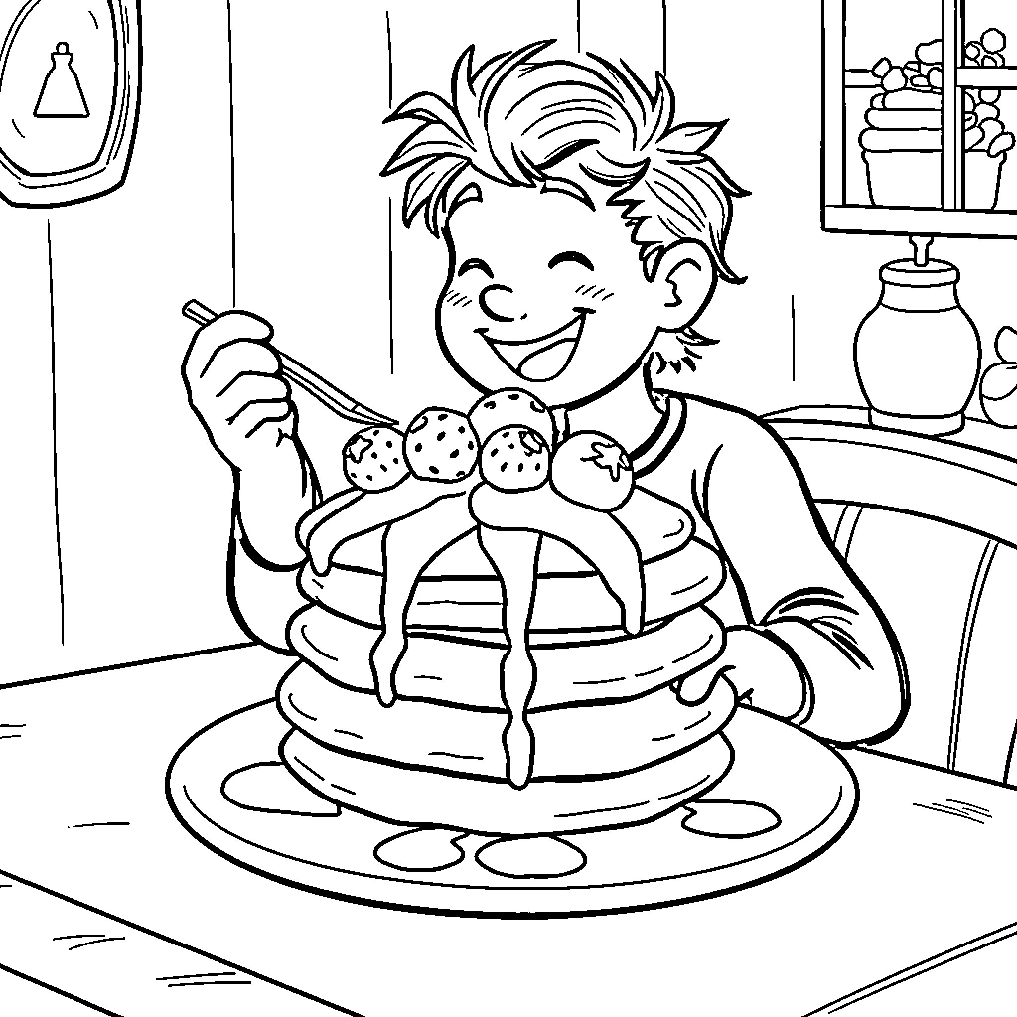 Gojo Enjoys Delicious Pancake Breakfast Coloring Page (free black-and-white line drawing printable PDF for all, from beginners to advanced learners, including children, teens, adults, and seniors)