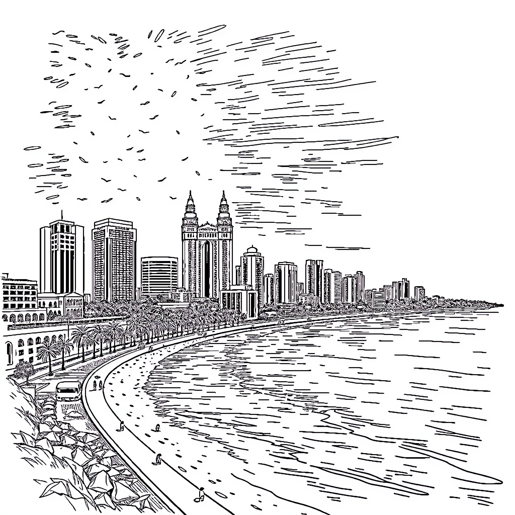 Mumbai Skyline Sketch: Dynamic City by the Sea Coloring Page (free black-and-white line drawing printable PDF for all, from beginners to advanced learners, including children, teens, adults, and seniors)
