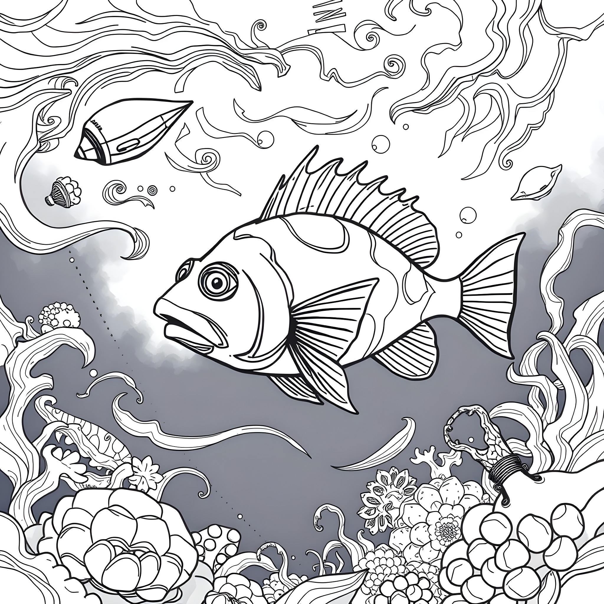 Angler Fish Exploring the Underwater World Coloring Page (free black-and-white line drawing printable PDF for all, from beginners to advanced learners, including children, teens, adults, and seniors)