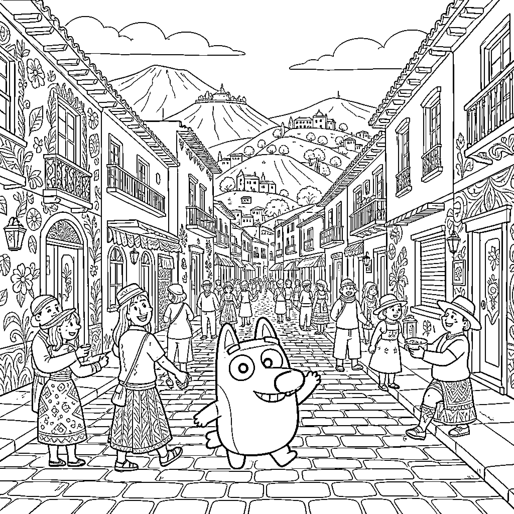 Bluey's Busy Day in the Bustling Town Coloring Page (free black-and-white line drawing printable PDF for all, from beginners to advanced learners, including children, teens, adults, and seniors)