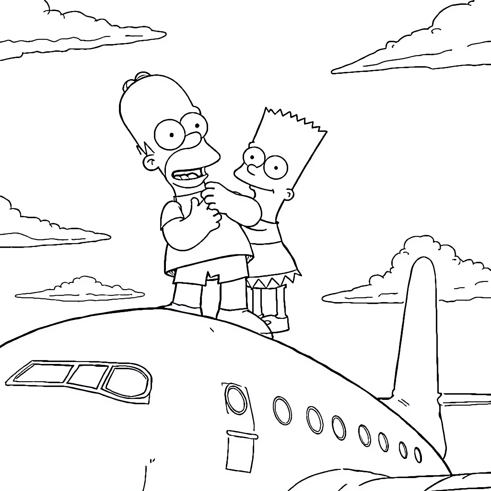 Homer and Bart exploring the landscape Coloring Page (free black-and-white line drawing printable PDF for all, from beginners to advanced learners, including children, teens, adults, and seniors)