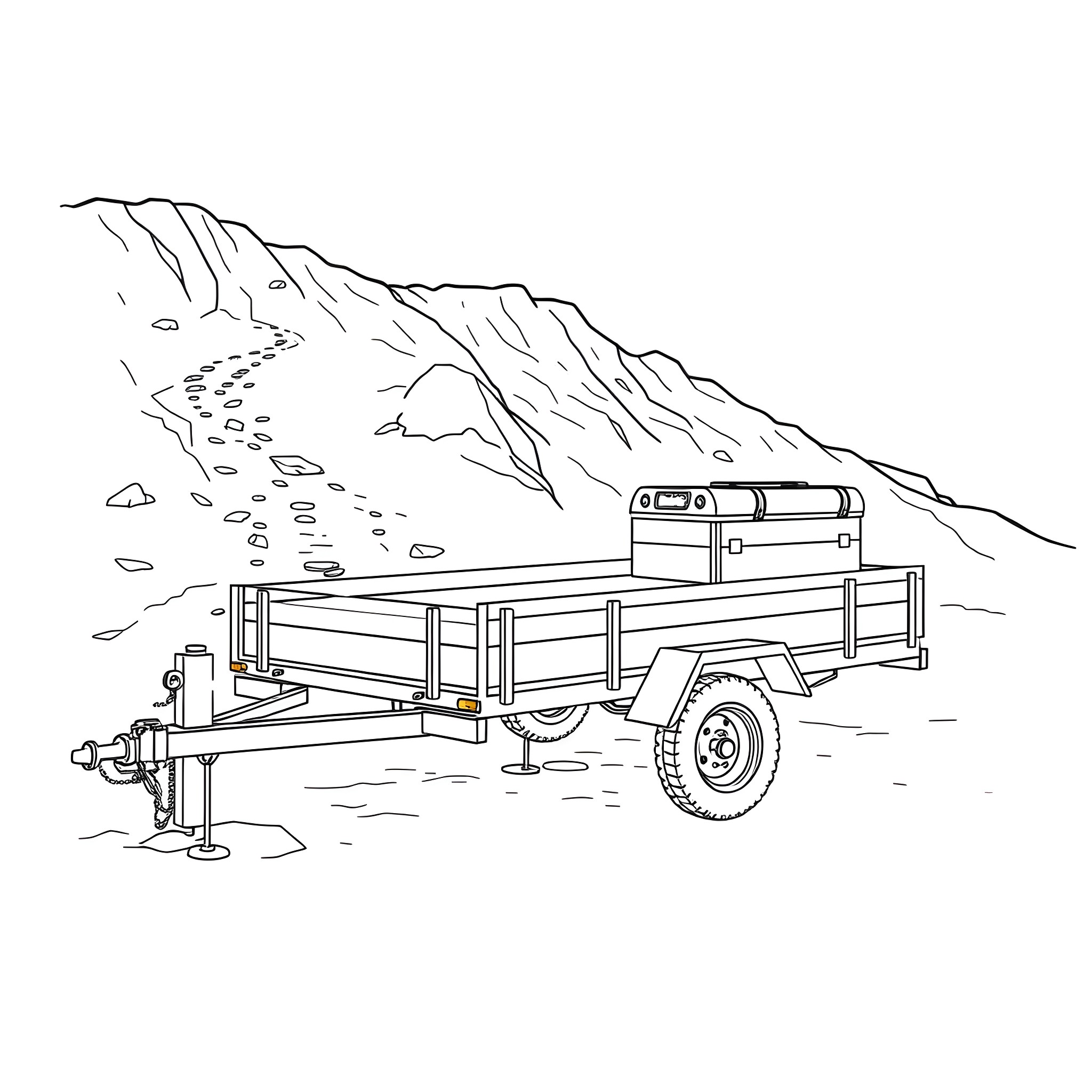 Car Trailer Transporting Cargo in Rugged Terrain Coloring Page (free black-and-white line drawing printable PDF for all, from beginners to advanced learners, including children, teens, adults, and seniors)
