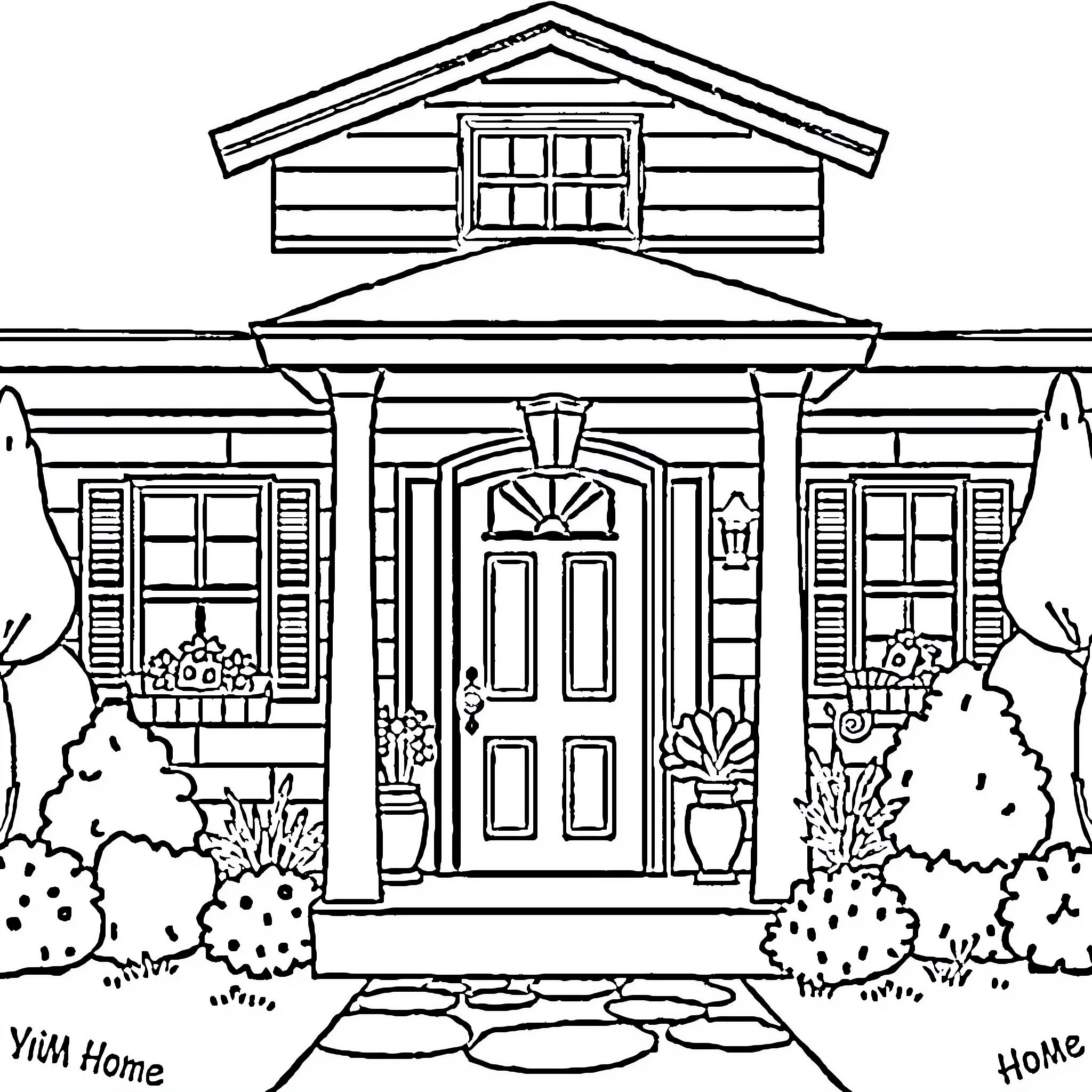 Home entrance with flowering plants and decorations Coloring Page (free black-and-white line drawing printable PDF for all, from beginners to advanced learners, including children, teens, adults, and seniors)