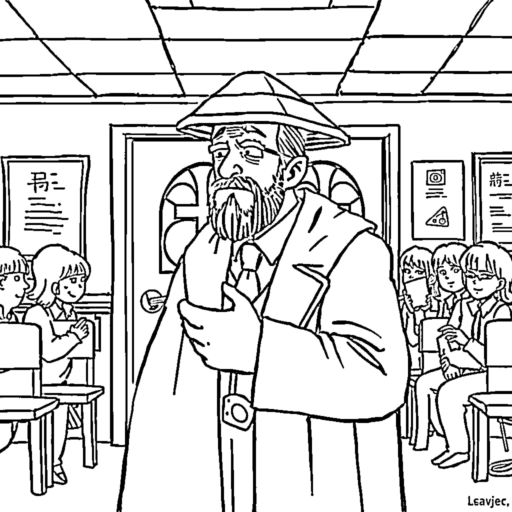 Undertaker speaking in front of a classroom Coloring Page (free black-and-white line drawing printable PDF for all, from beginners to advanced learners, including children, teens, adults, and seniors)