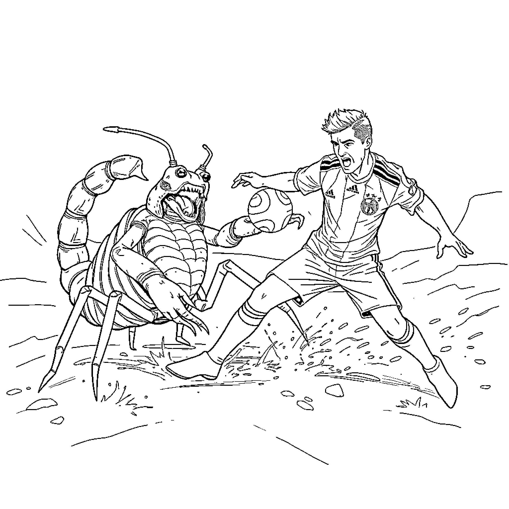 Scorpion confrontation with adventurous explorer Coloring Page (free black-and-white line drawing printable PDF for all, from beginners to advanced learners, including children, teens, adults, and seniors)