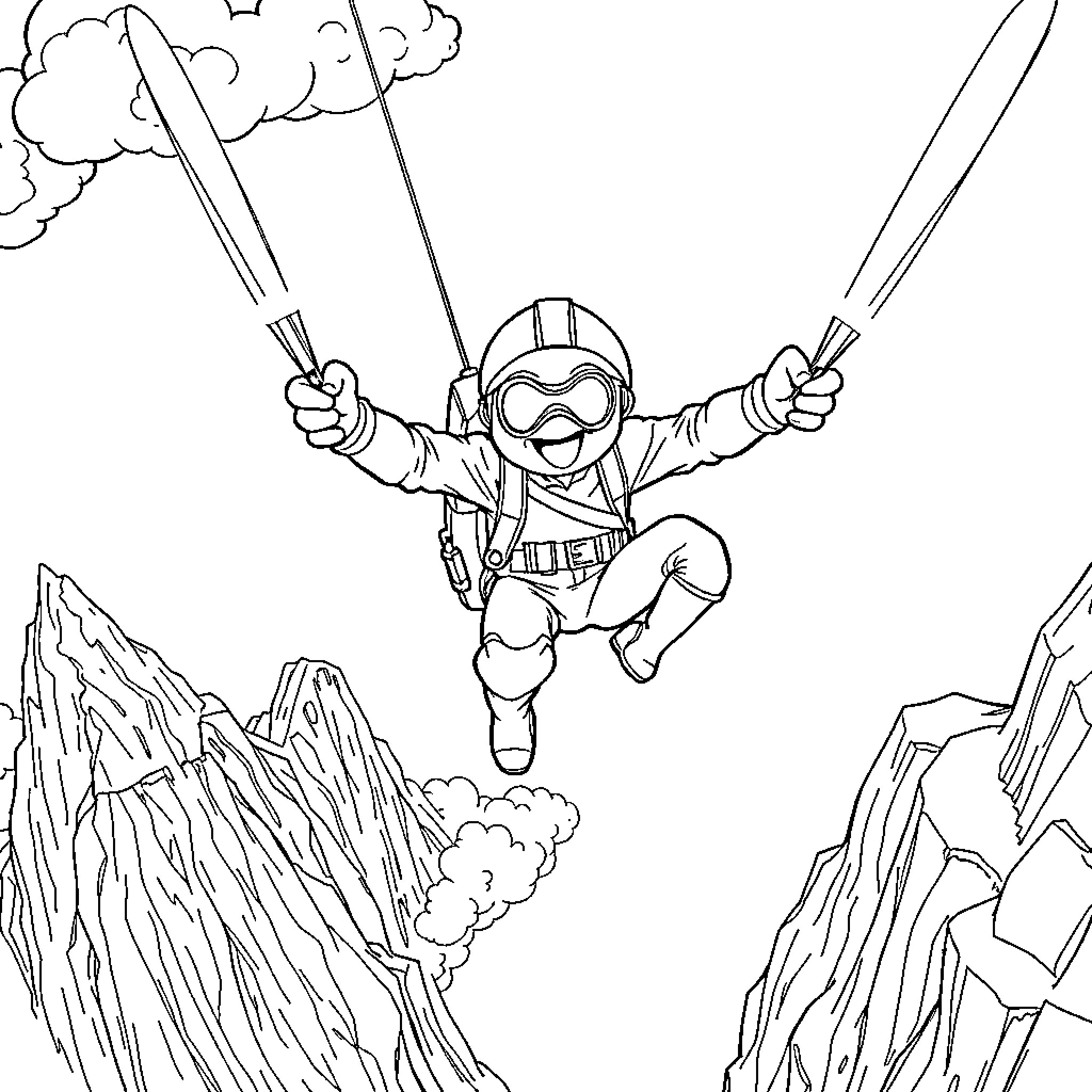 Mono Adventurer Skydiving Through Clouds Coloring Page (free black-and-white line drawing printable PDF for all, from beginners to advanced learners, including children, teens, adults, and seniors)
